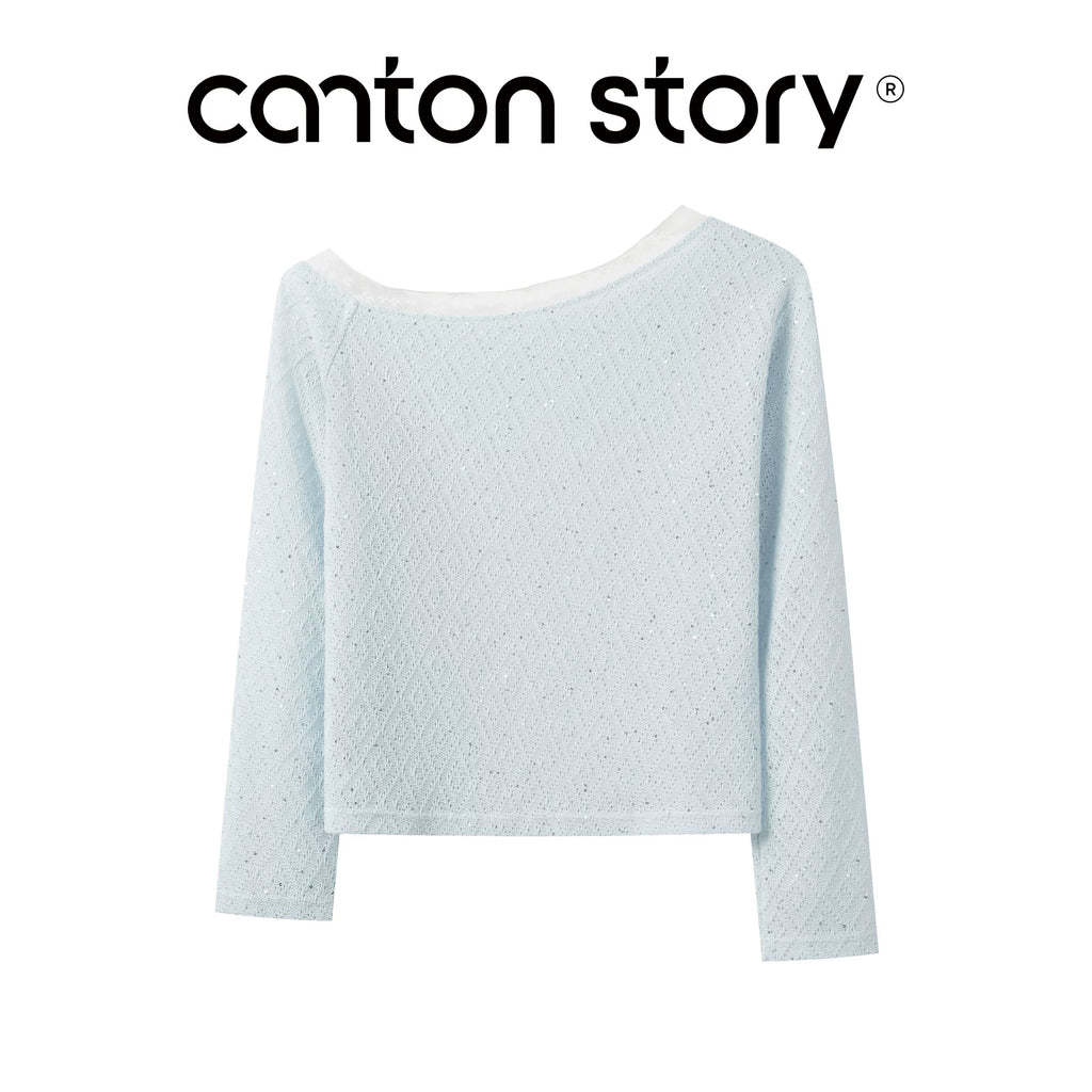 Cantonstory Slanted Shoulder Lace Sequin Cut-out Long Sleeves