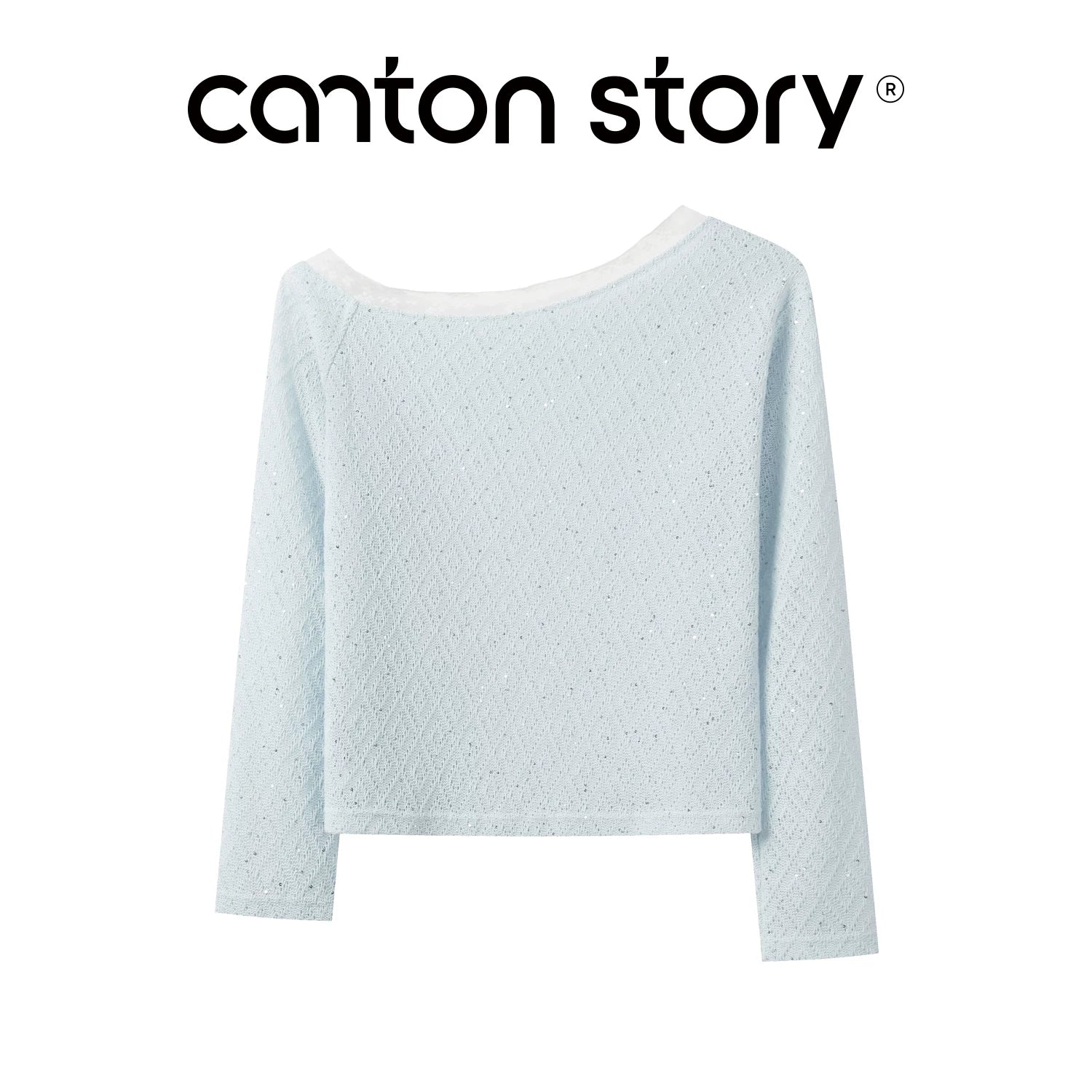 Cantonstory Slanted Shoulder Lace Sequin Cut-out Long Sleeves