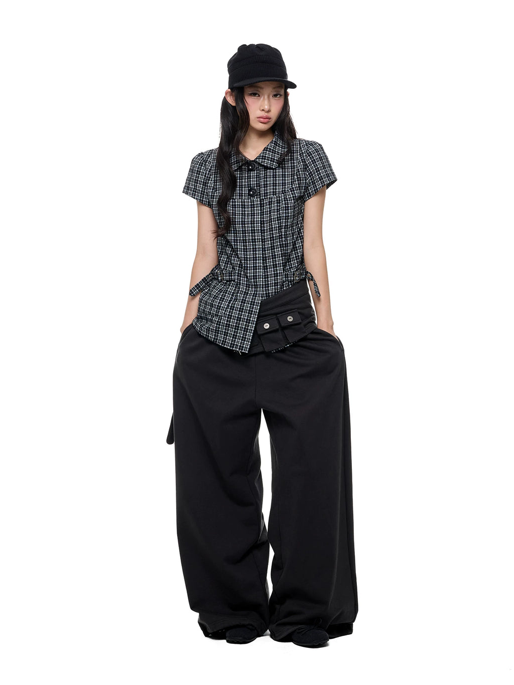 JIKOO Splicing Doll Collar Plaid Shirt Tee