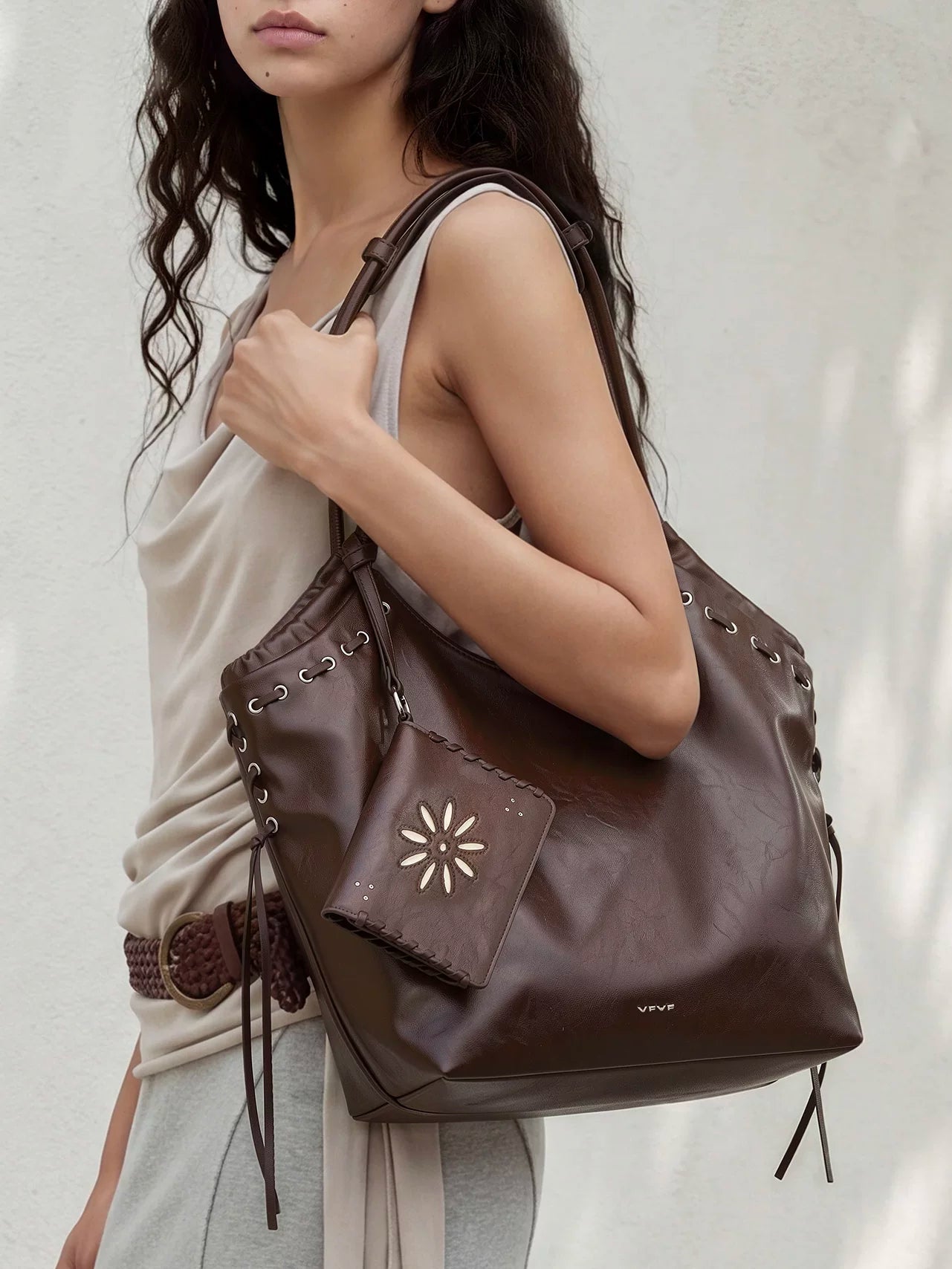 VFVF Brown Woven Faux Leather Magnetic Snap Shoulder Bag