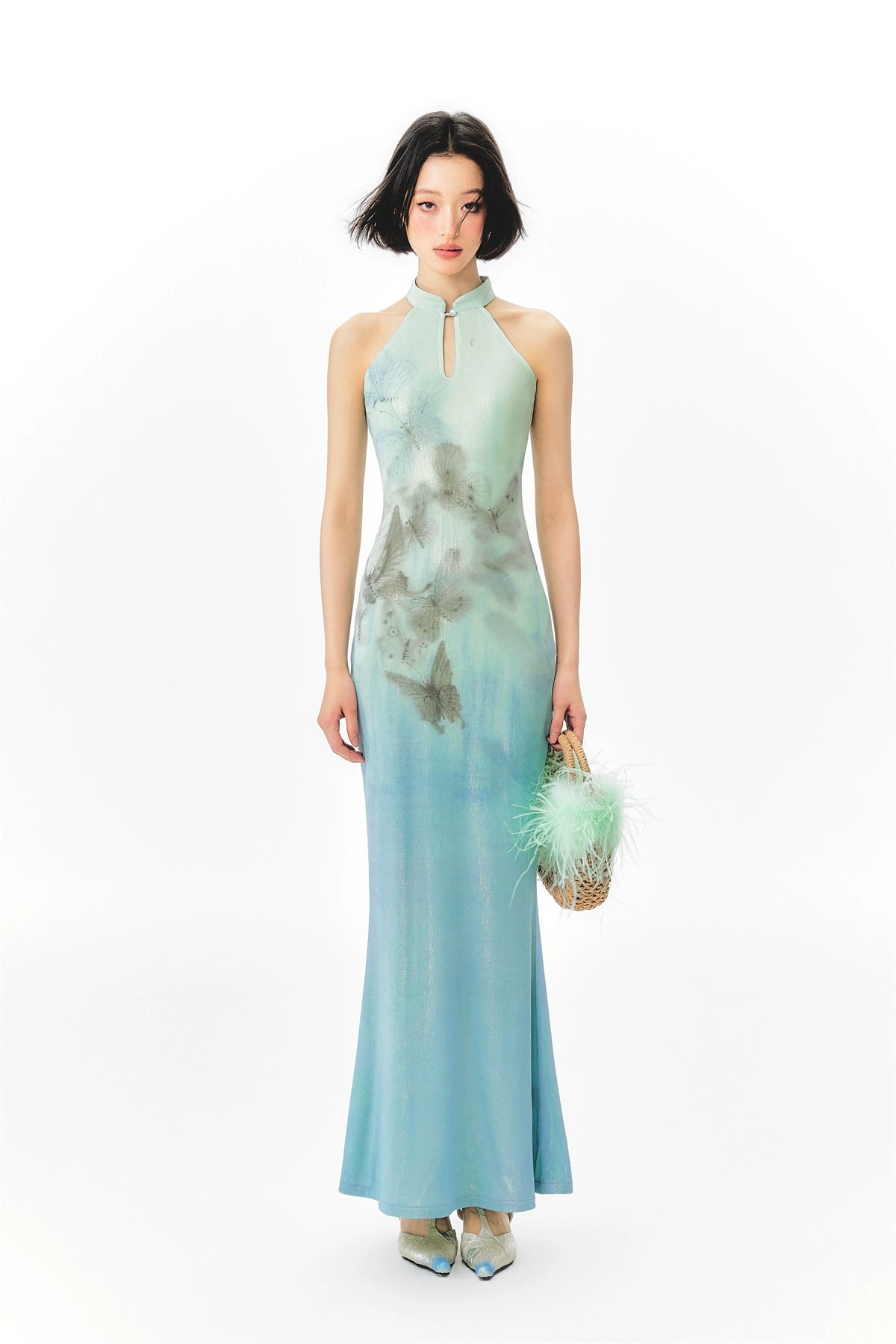 YEDM Butterfly Print Neck Fishtail Dress