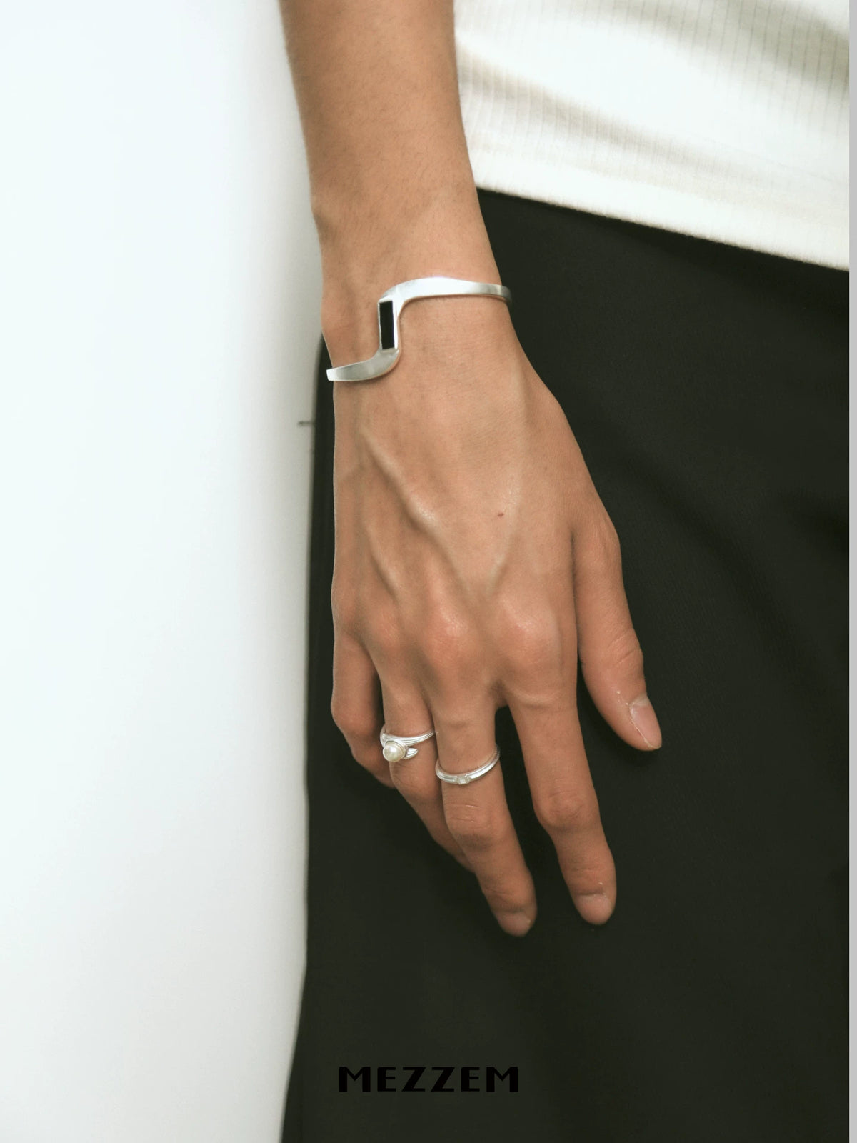 MEZZEM Black Onyx Sterling Silver Open Cuff Bracelet