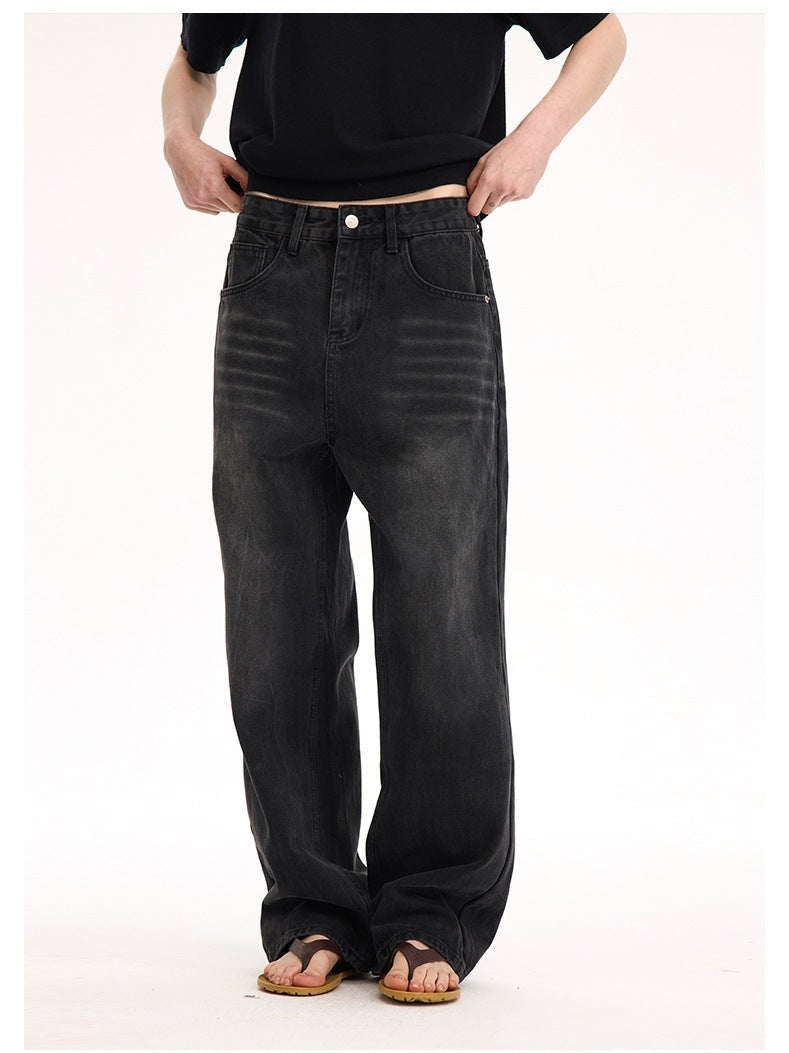 UNF 13.5oz Blockbuster Washed Old Cat Whiskers Baggy Bull Wide Leg Black Jeans