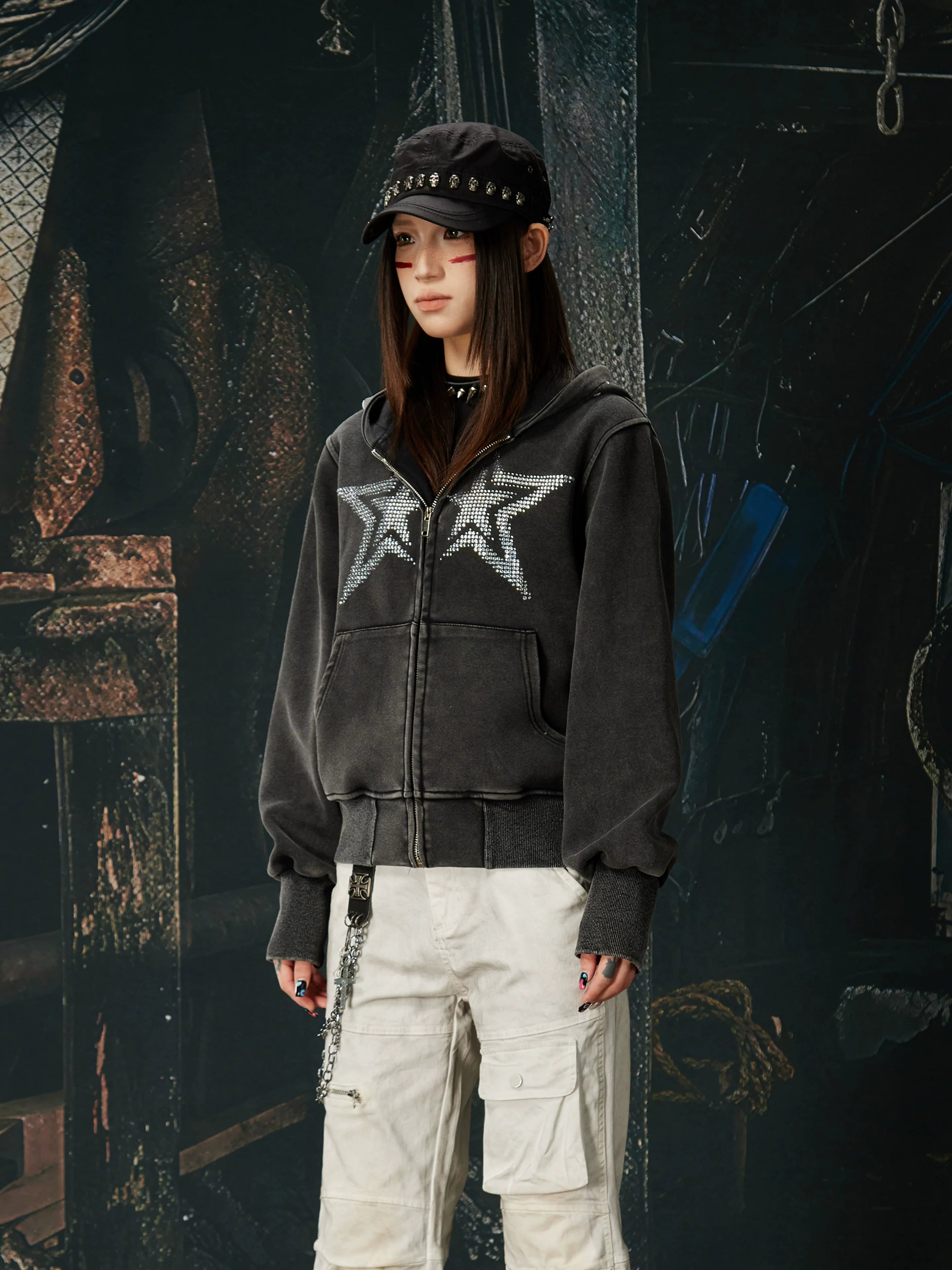 NOMANIAI Washed Hot Diamond Slim Fit Hooded Zipper Jacket