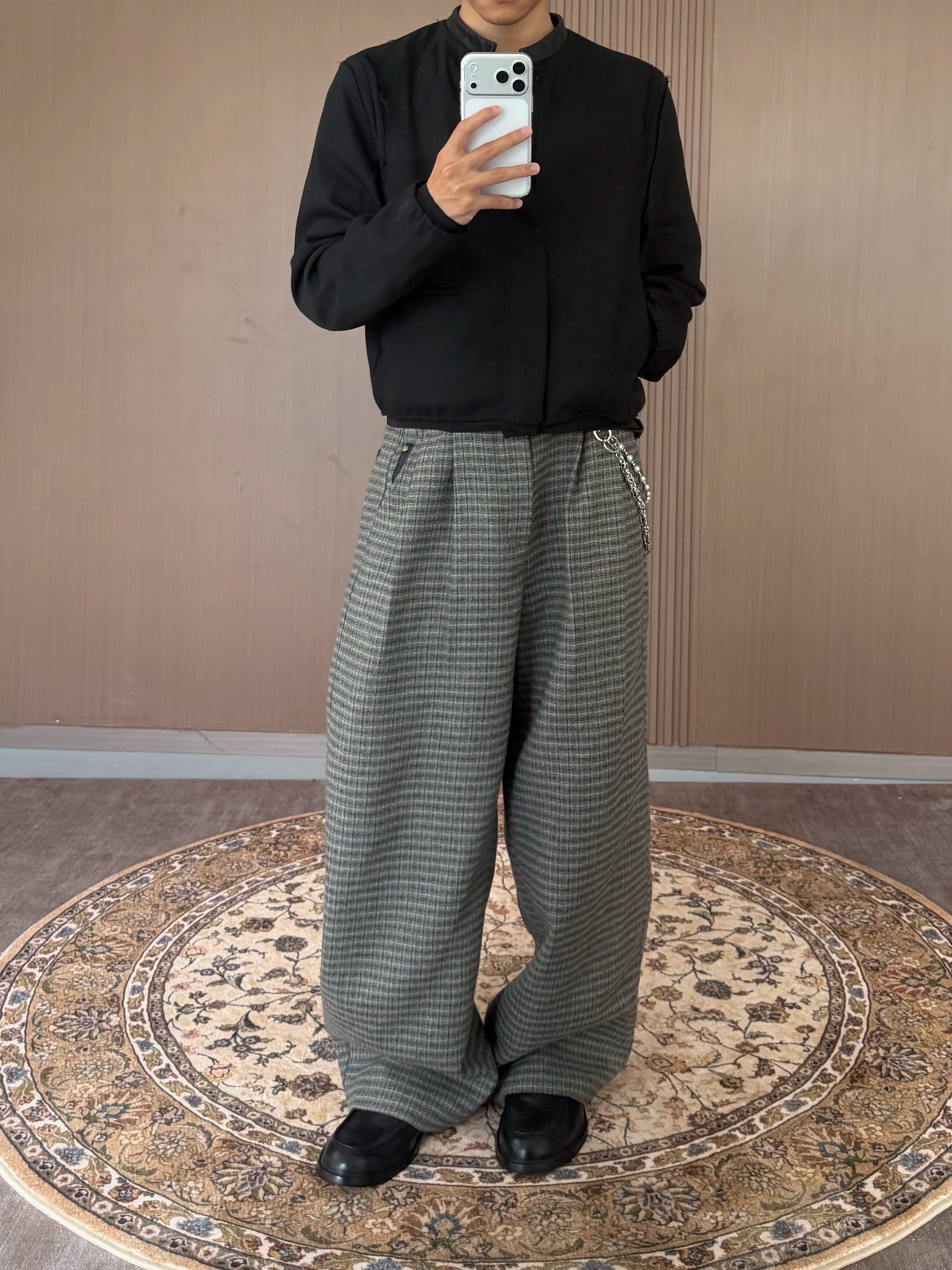 CENSMADE Three-dimensional Cut Wide-leg Plaid Trousers