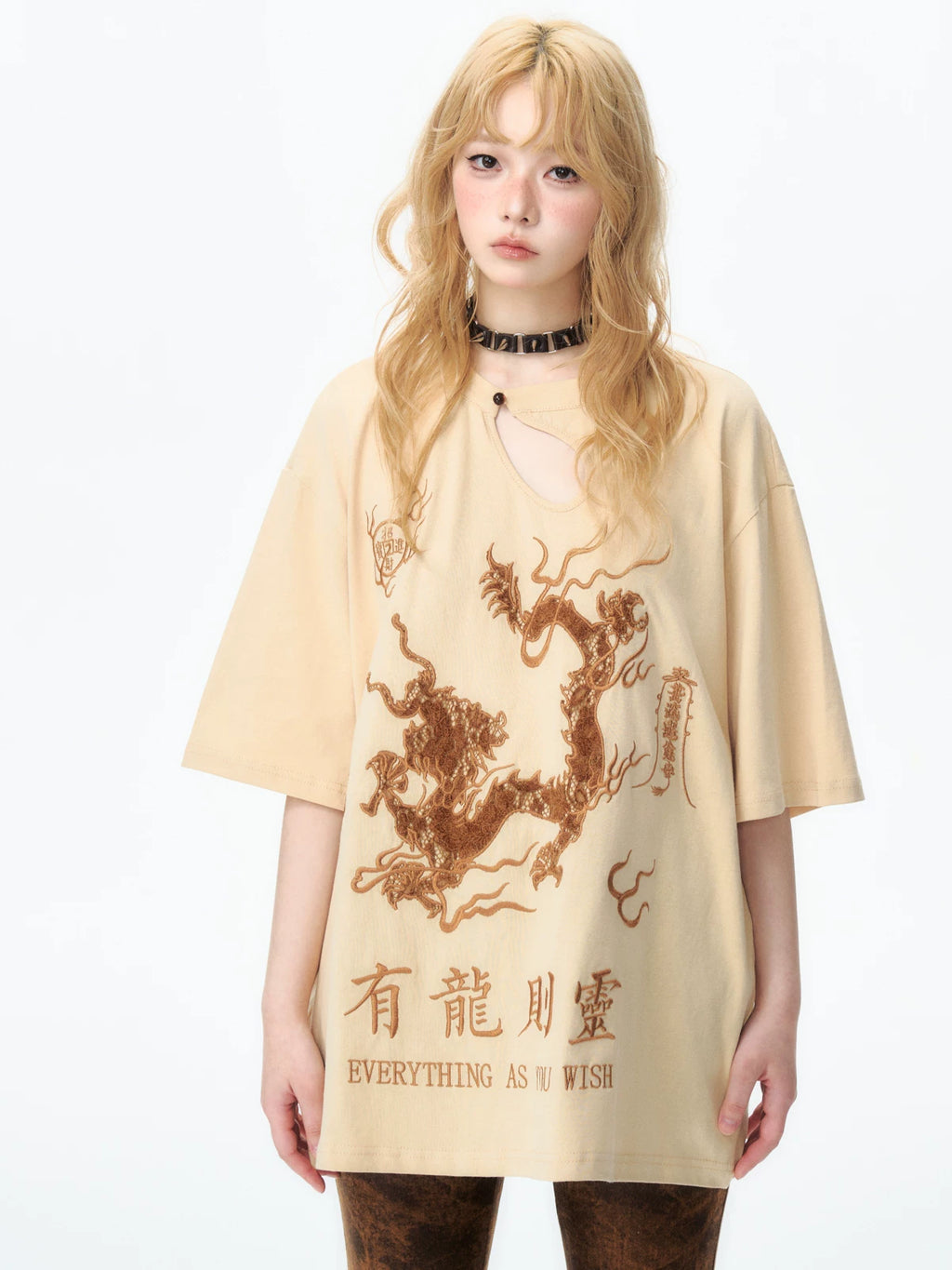 YEDM Embroidery Loose Round Neck Tee