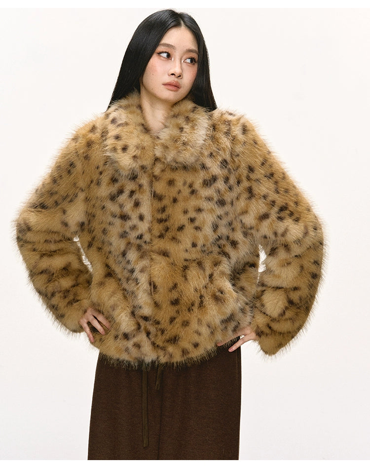 Anna Aneae Leopard Print Premium Lapel Thickened Short Fluffy Jacket