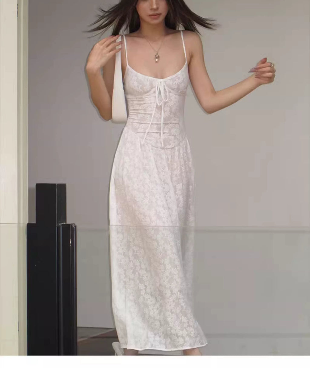 Audwyn Retro Pattern Cardigan Lace Waist Slim Dress Set