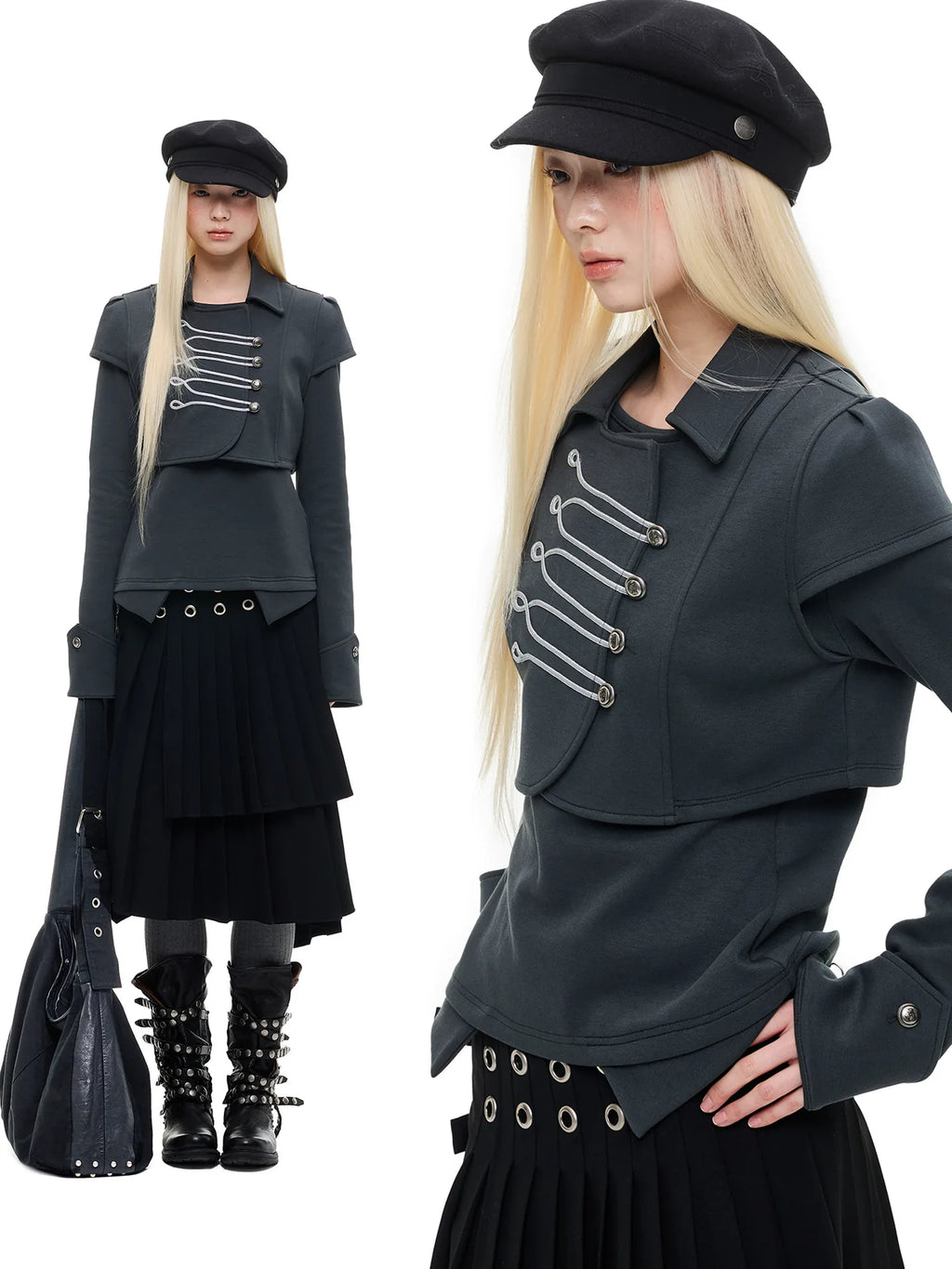 JIKOO Earl Grey Napoleon -Piece Cropped Vest & Long-Sleeve Tee