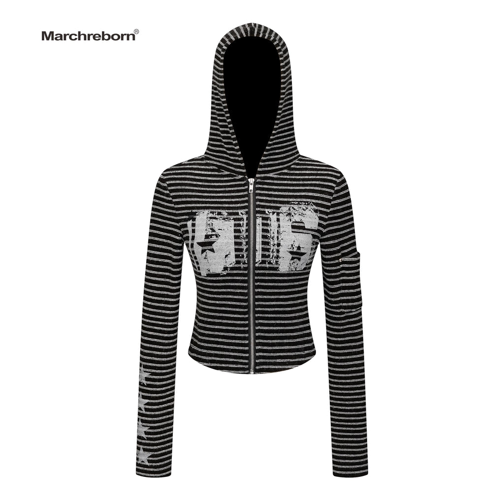 MARCH Vintage Striped Short Hooded Jacket