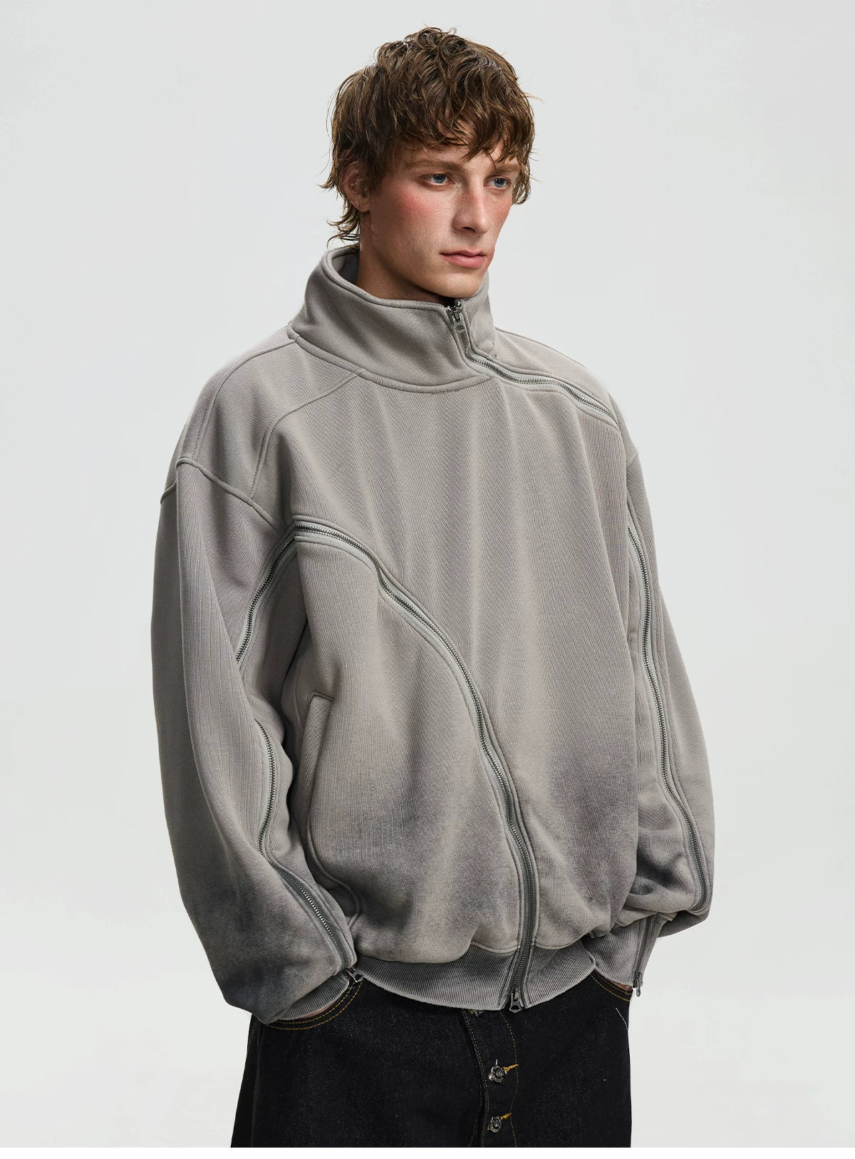 BTSG niche silhouette irregular zipper stand-up collar jacket