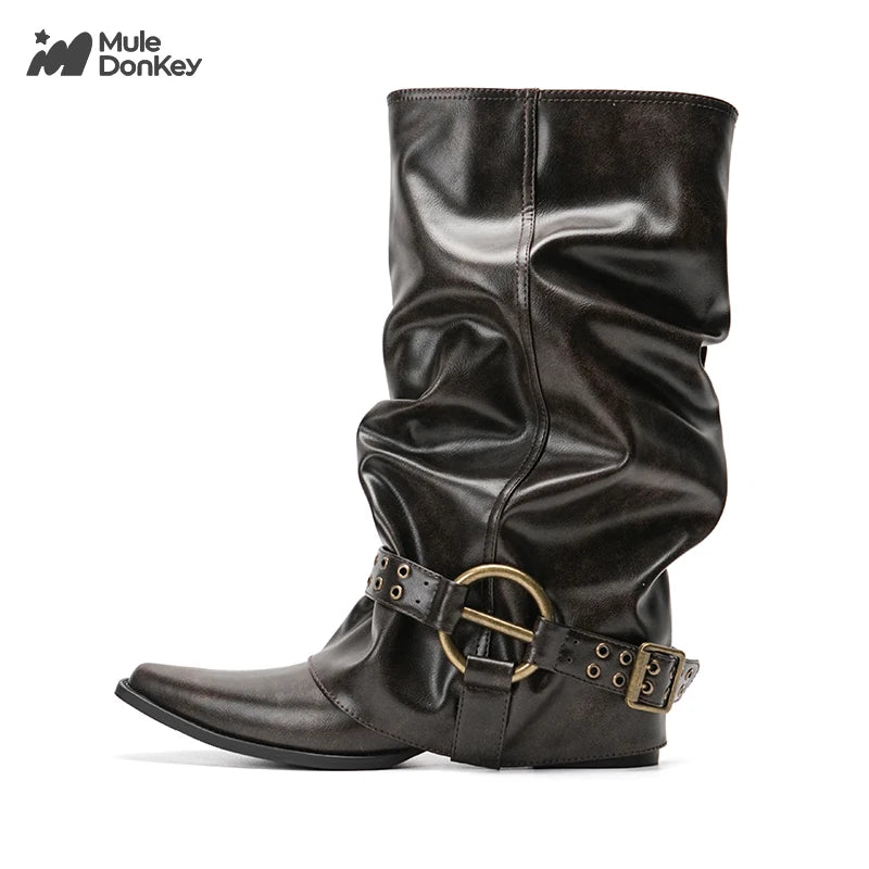 Mule Donkey Suede Pointed-Toe Western Mid-Calf Boot