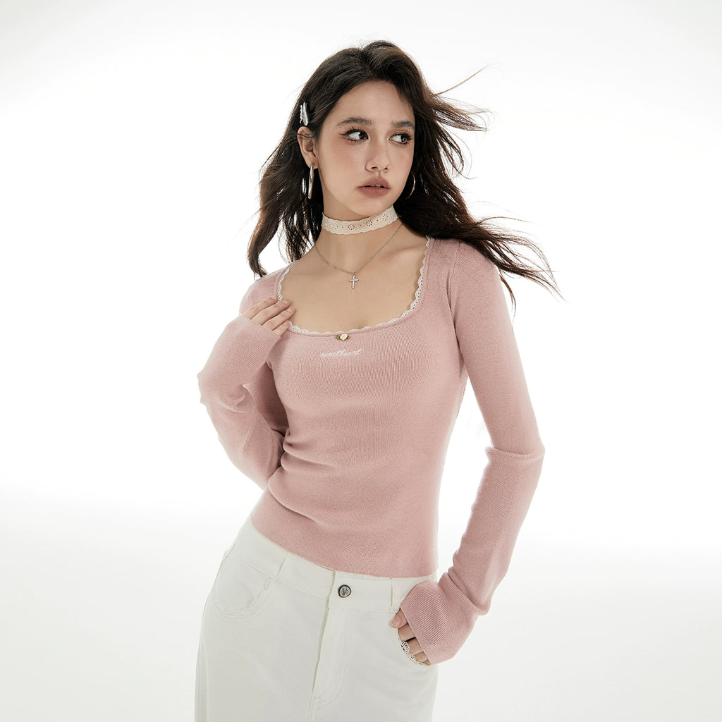 Imone Lace Contrasting Color Rose Generous Neck Knitted Sweater