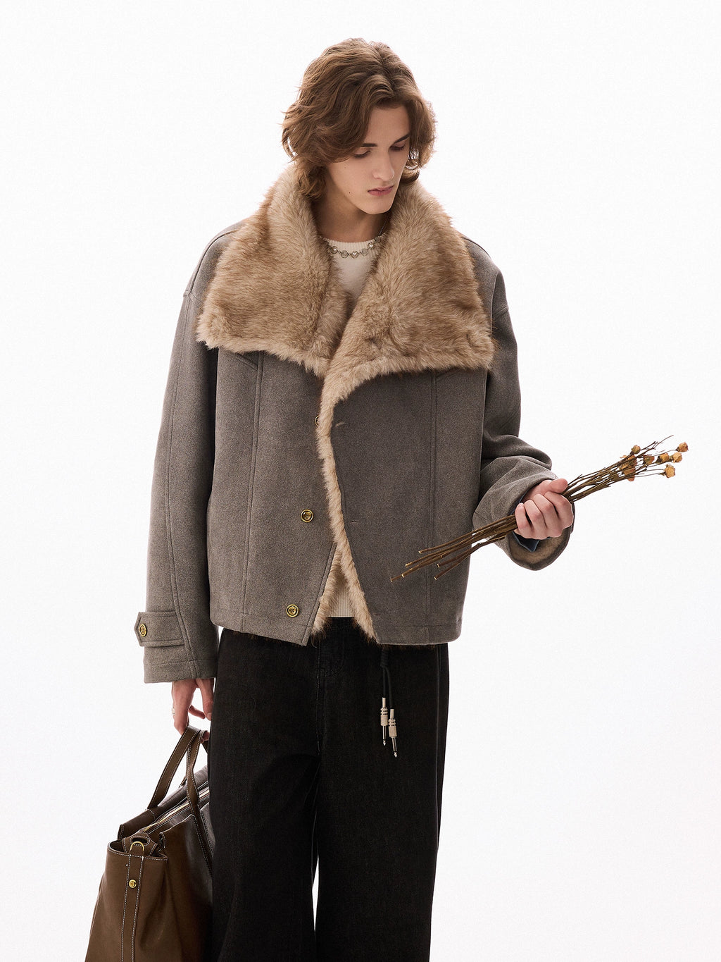 CHOR | 320g Faux Suede Bomber Jacket with Faux Fur Collar