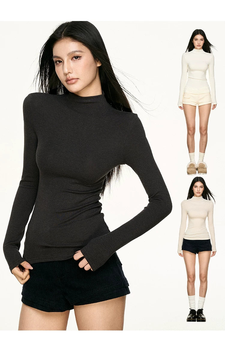 Aaisup Tencel Wool Semi-slim Turtleneck Long-sleeved Top