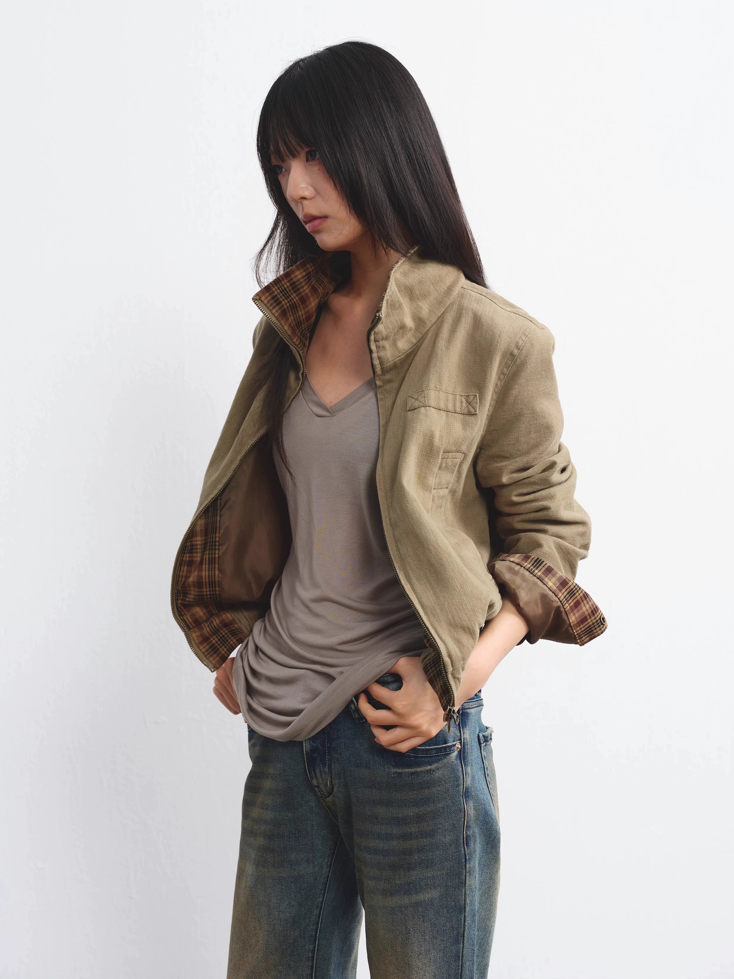 LINY LIBERTY  Vintage Plaid Lapel Flight Jacket
