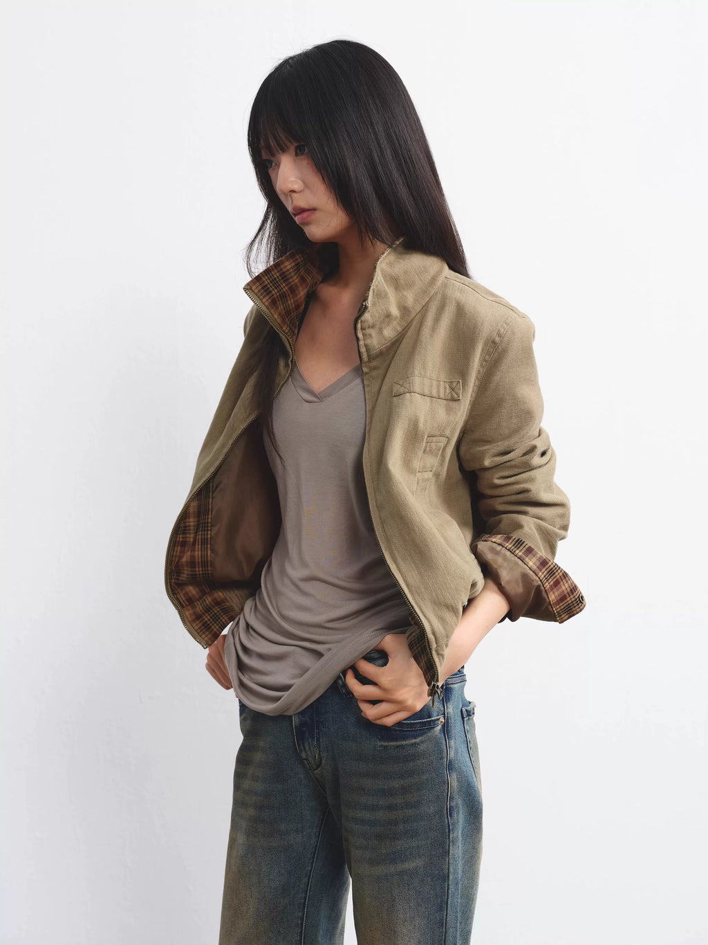 LINY LIBERTY Retro Plaid Collar Cropped Jacket