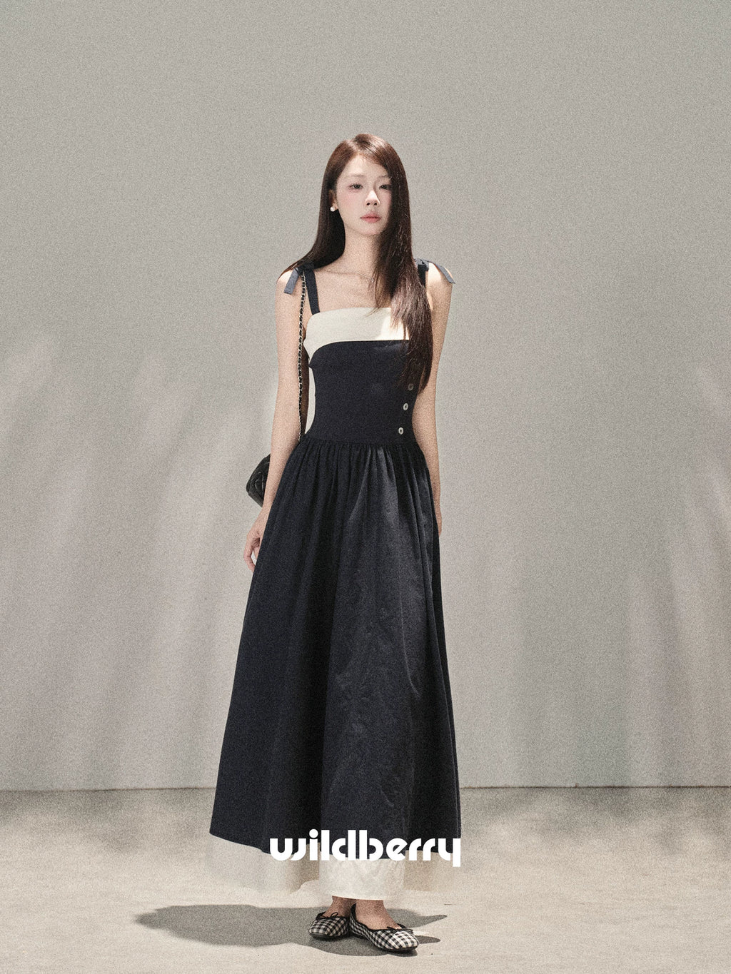 Wildberry Korean Style Strappy Dress with Patchwork Design High-Waist Long Dress
