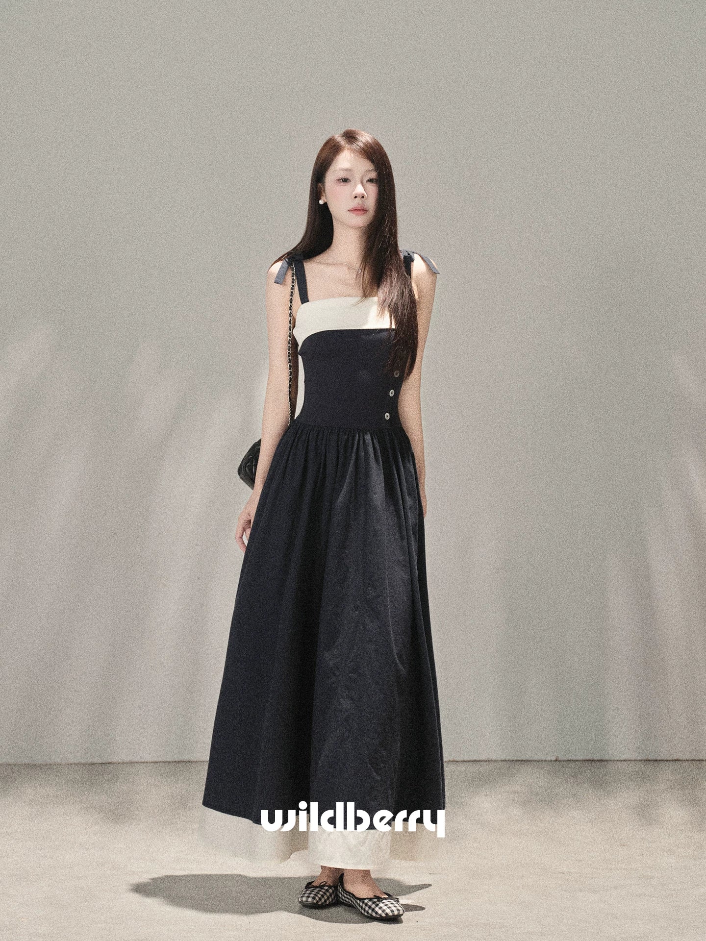 Wildberry Korean Style Strappy Dress with Patchwork Design High-Waist Long Dress