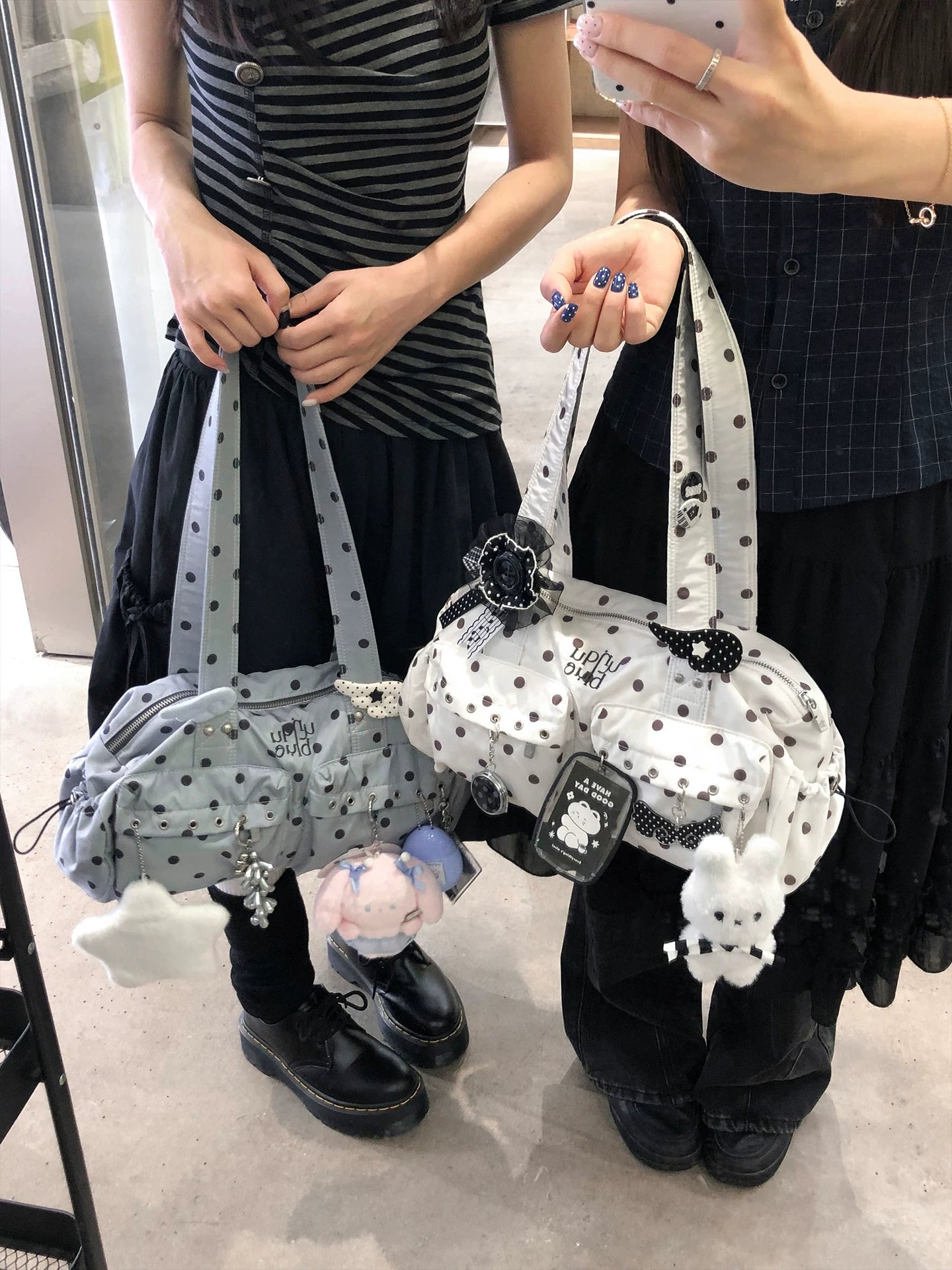 Unique blue Smoke Gray Polka Dot Faux Leather Zip-Top Shoulder Bag