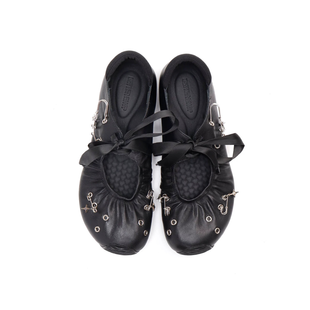 ASTHER Leather Lace-Up Star Brooch Mary Jane Ballet Flat
