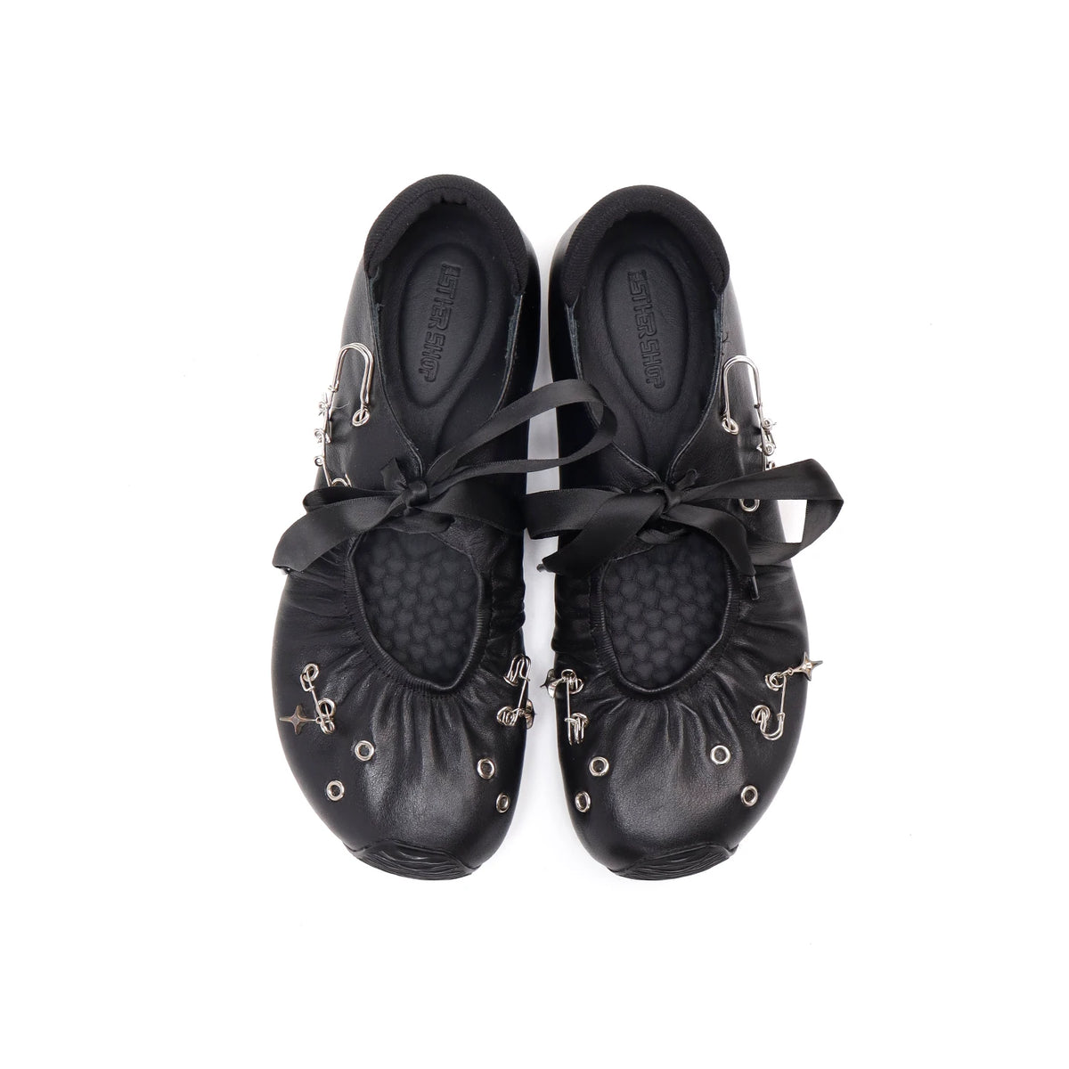 ASTHER Leather Lace-Up Star Brooch Mary Jane Ballet Flat