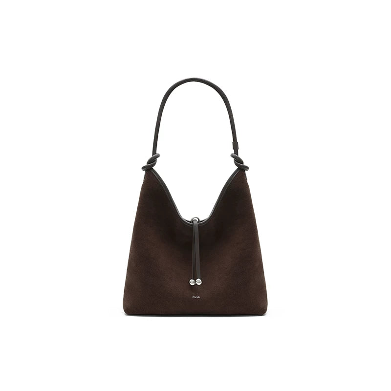 muva. Caramel Suede Leather Shoulder Bag With Zip-Top
