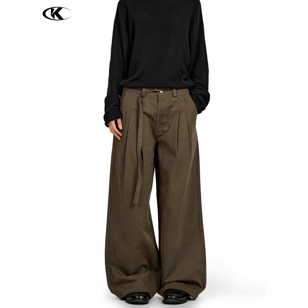11KN American Retro Coffee Green Pleated Wide-Leg Pants