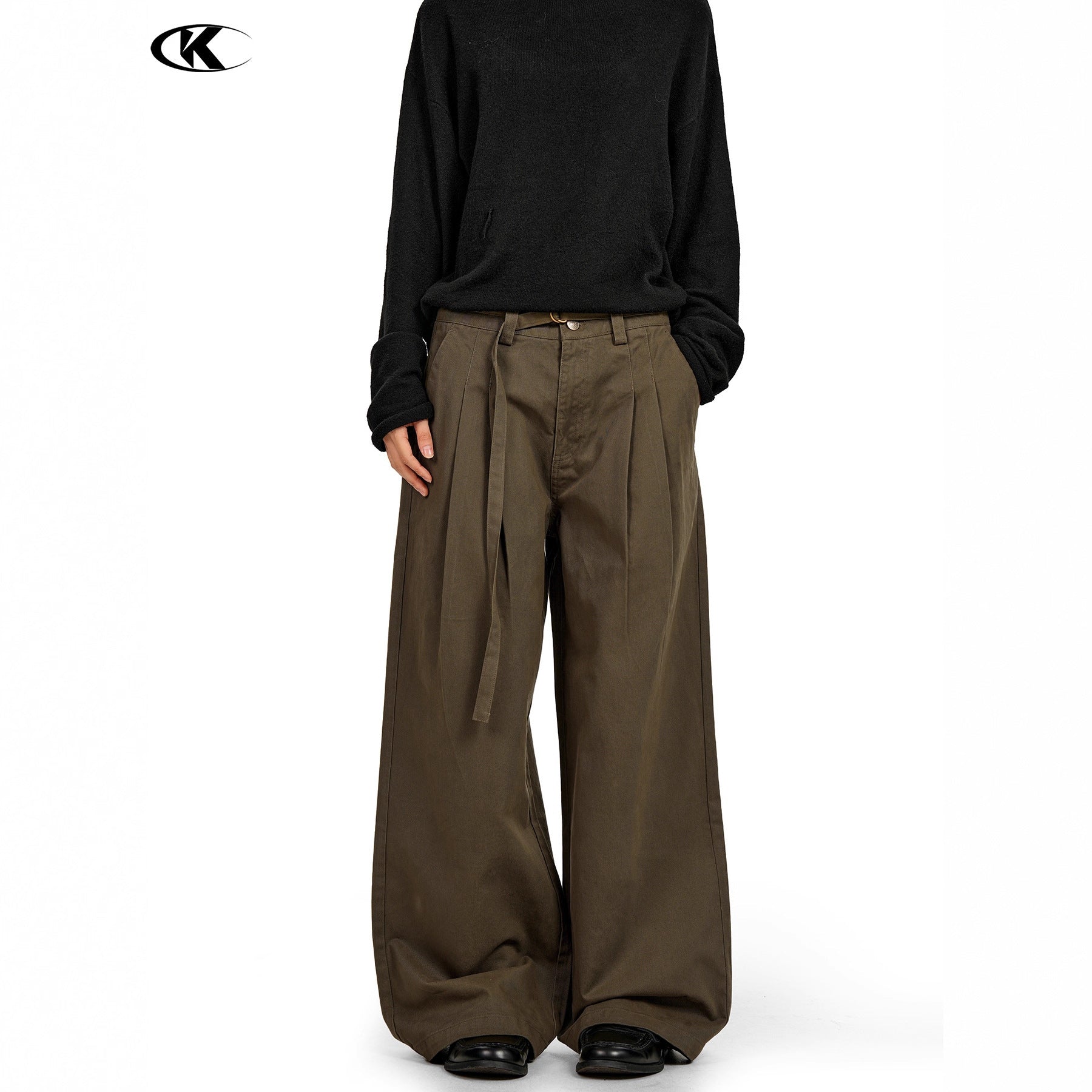 11KN American Retro Coffee Green Pleated Wide-Leg Pants