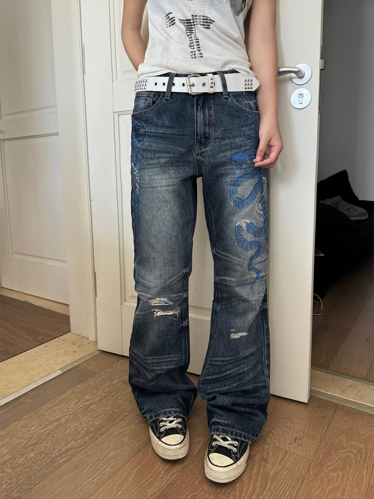 WASE Blue Bone Embroidery Slim Flare Jeans