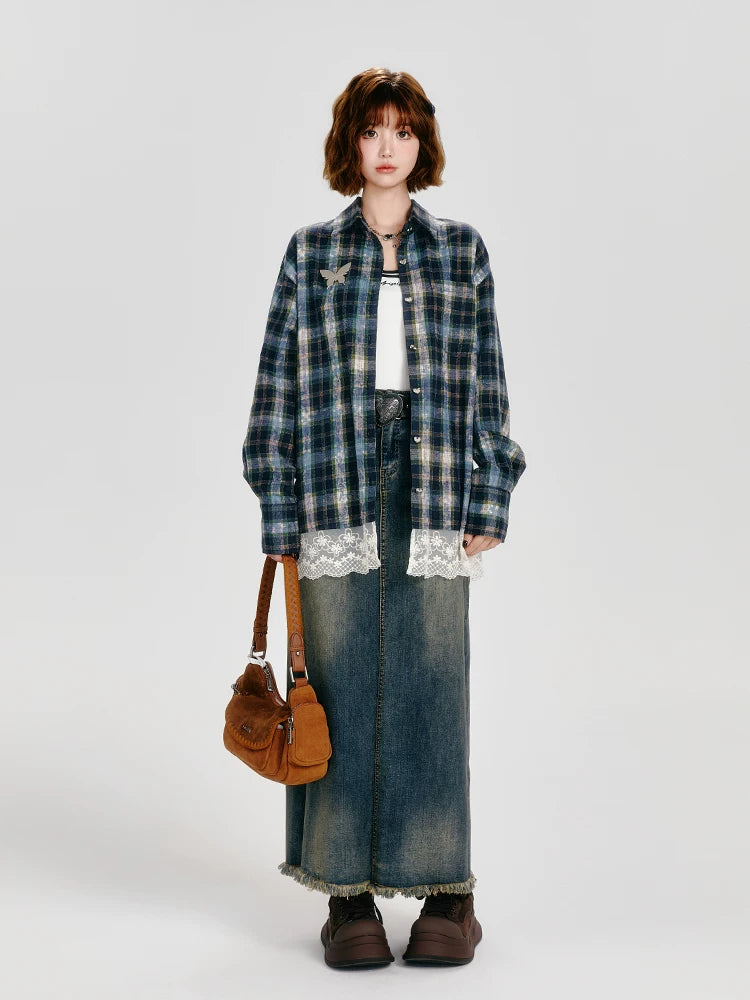 Girlyhalo Vintage Plaid Long Sleeve Shirt
