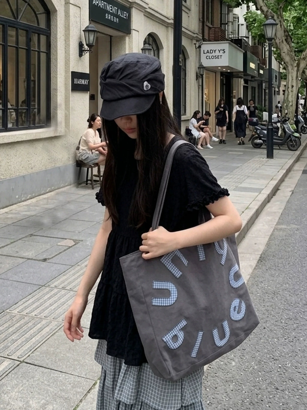 Unique blue Leather Plaid Shoulder Bag