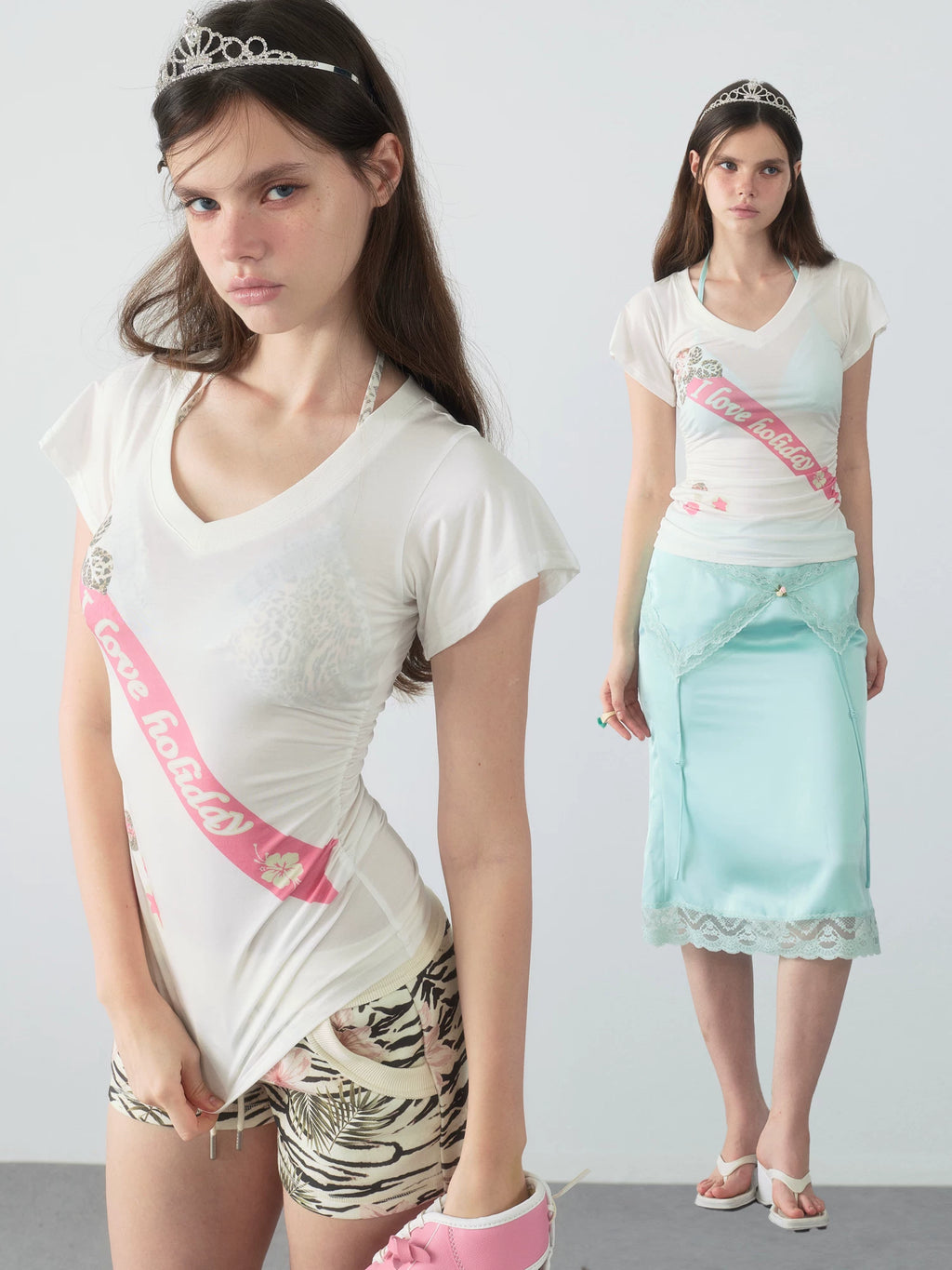 Yawhat Ribbon Print V-Neck Cinched Flutter Tee