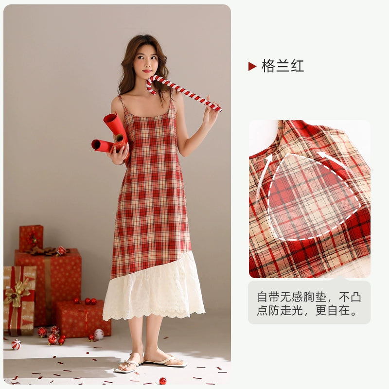 Yuenei Casual Plaid Nightdress with Chest Pad