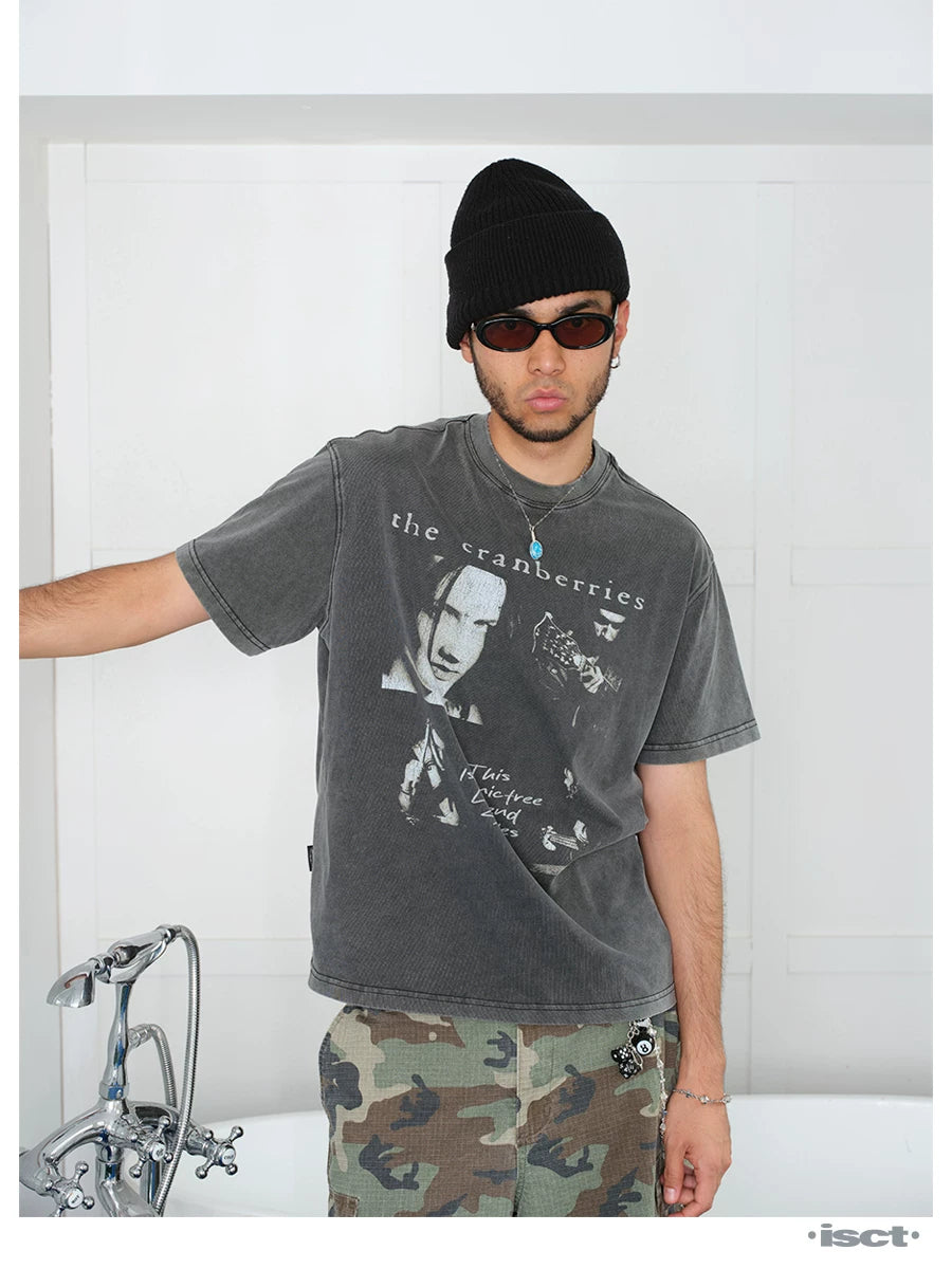 COMICTREE Old Front Shoulder Crew Neck Casual Tee