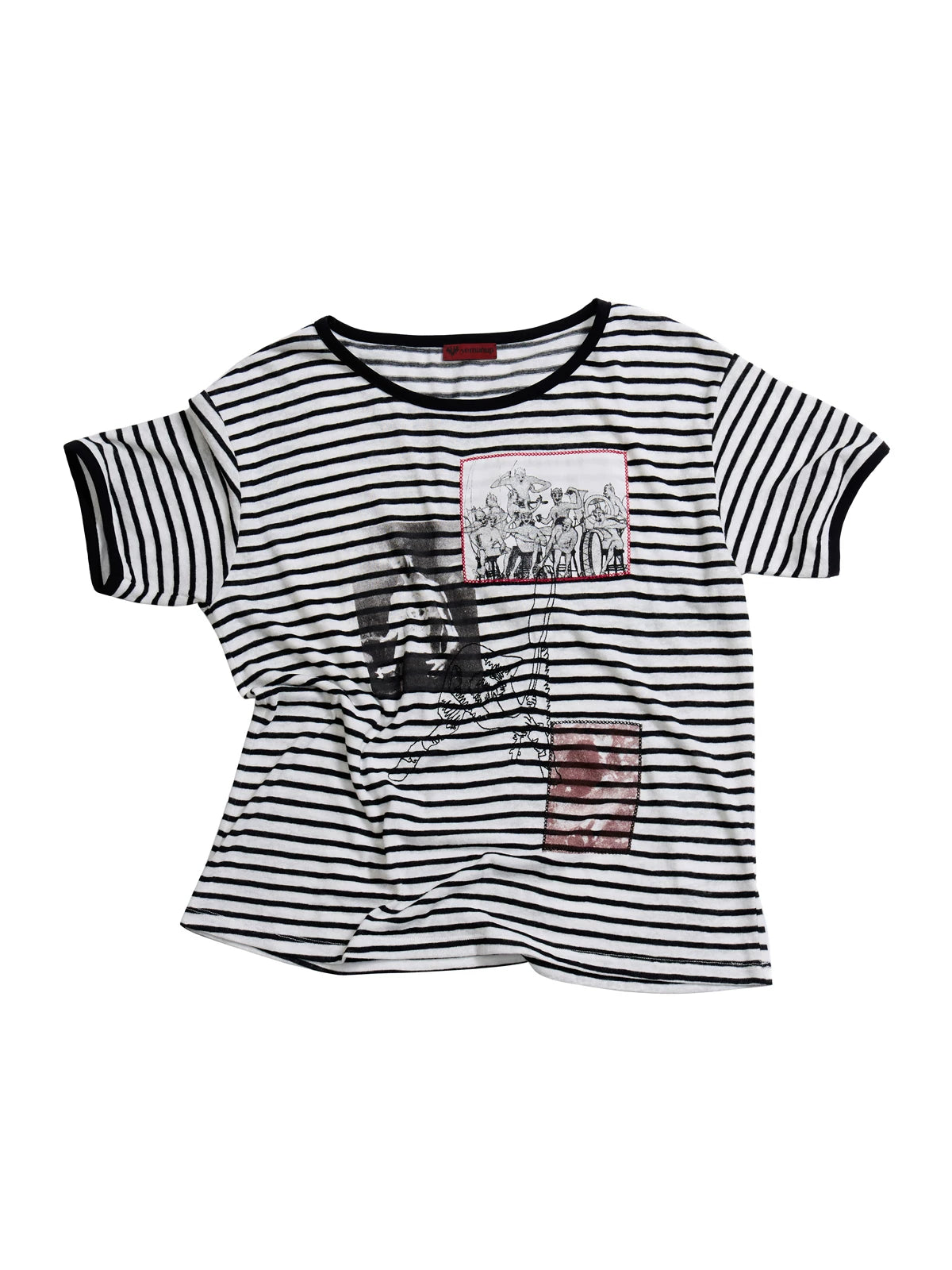 Yemanup Retro Striped Embroidered Applique Printed Versatile Tee