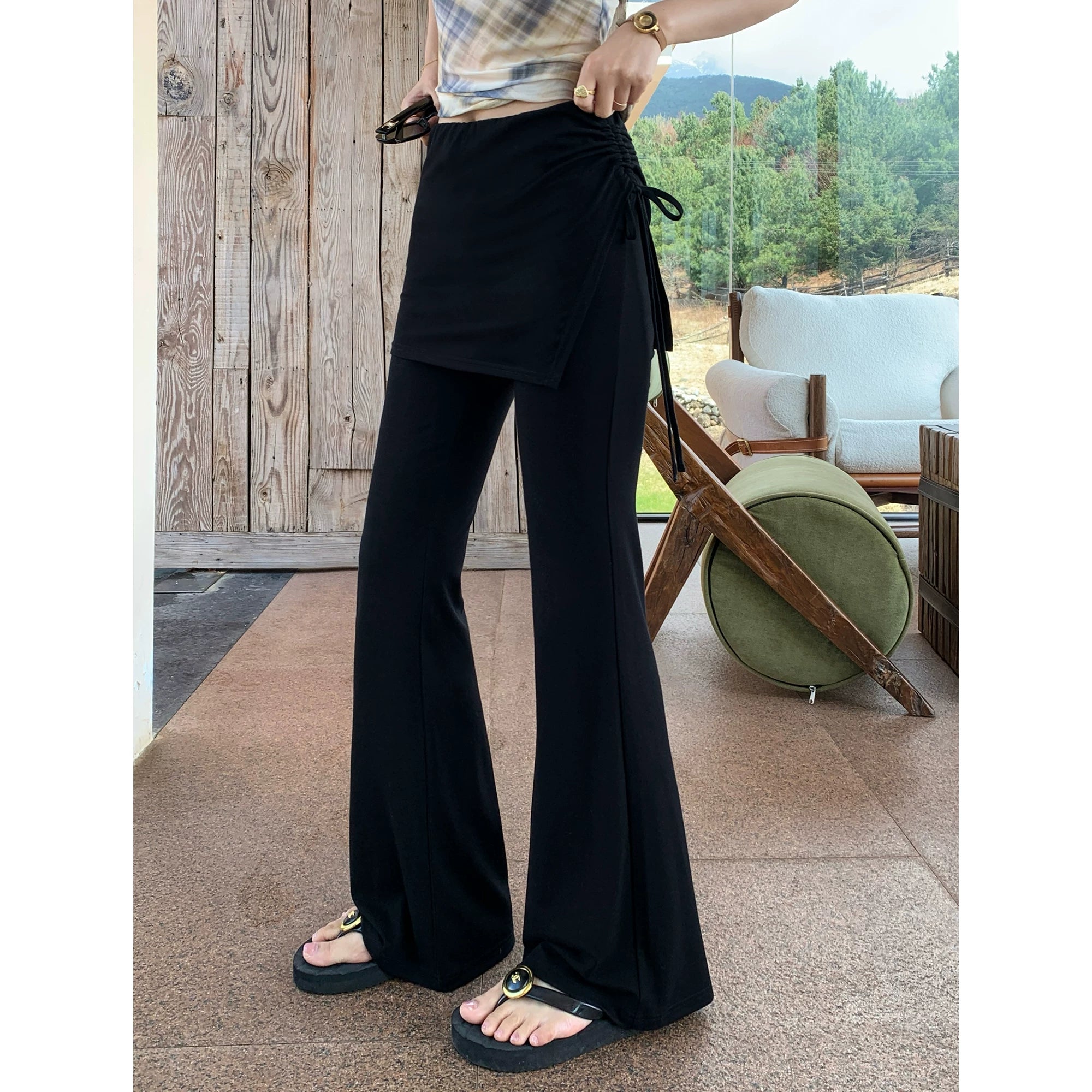 Pusumede Side Drawstring Fake Two-piece Fart Curtain Splicing Casual Pants