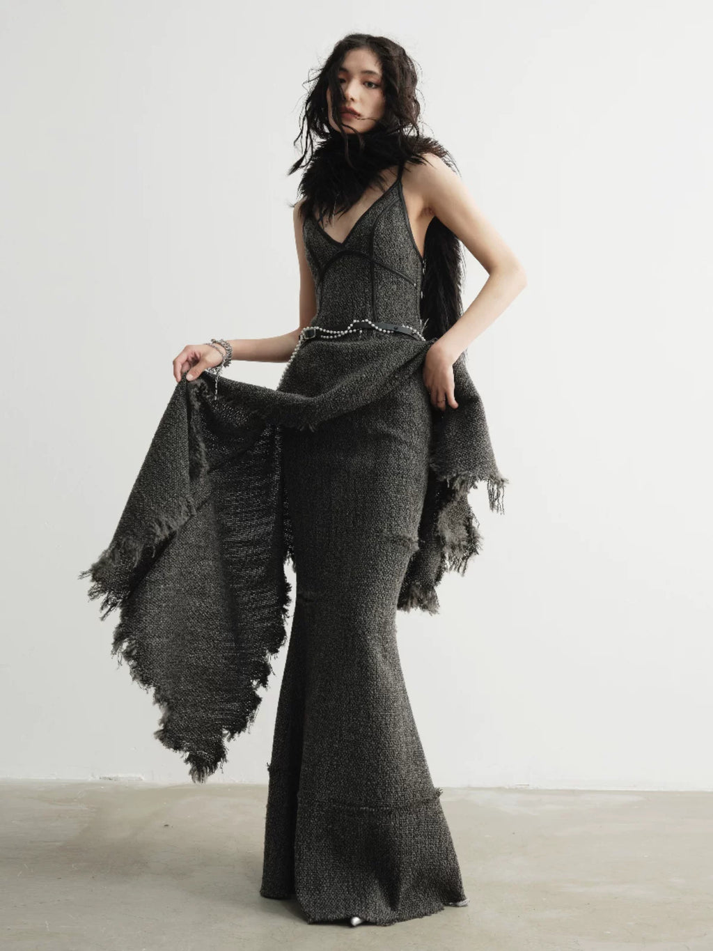 JNYLON Retro Rough Edge Super Long Skirt
