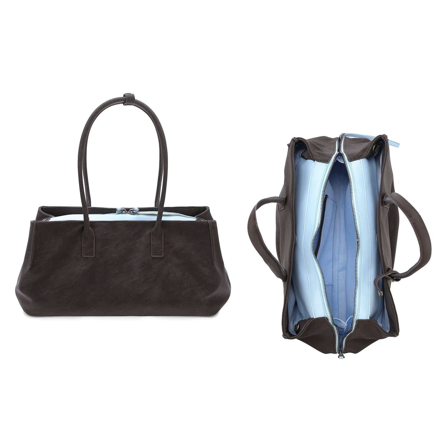 JANDRESS Deep Brown Faux Leather Zip-Top Baguette Bag