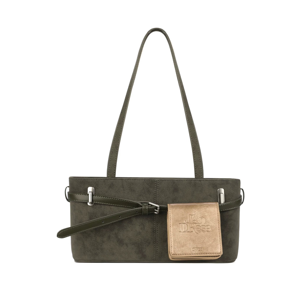 JANDRESS Moss Green Faux Leather Zip-Top Shoulder Bag