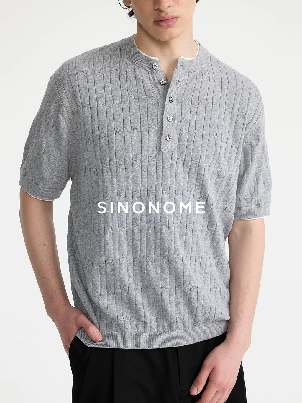 SINONOME Twisted Cable Knit Breathable Relaxed Henley Tee