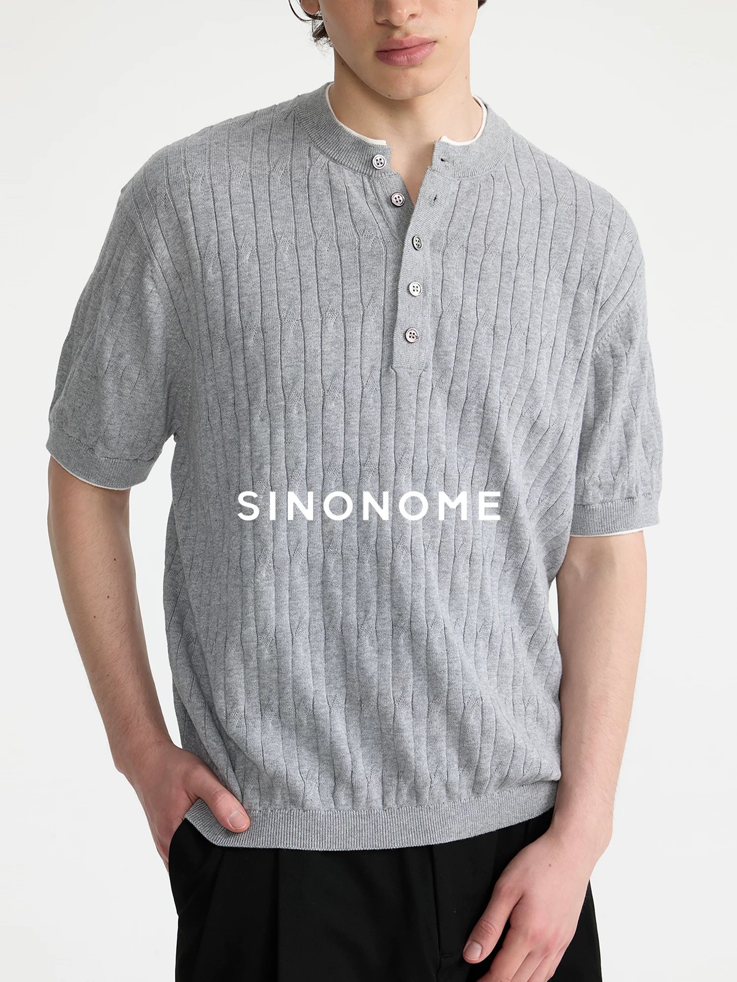 SINONOME Twisted Cable Knit Breathable Relaxed Henley Tee
