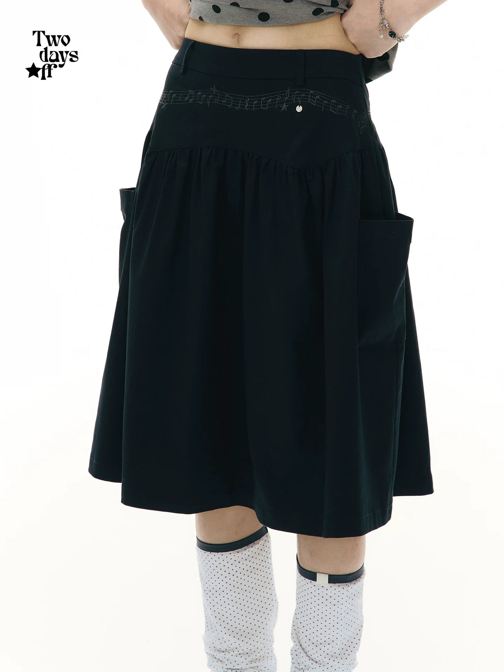 Two days off lab Music Note Embroidered High-Waist A-Line Midi Skirt