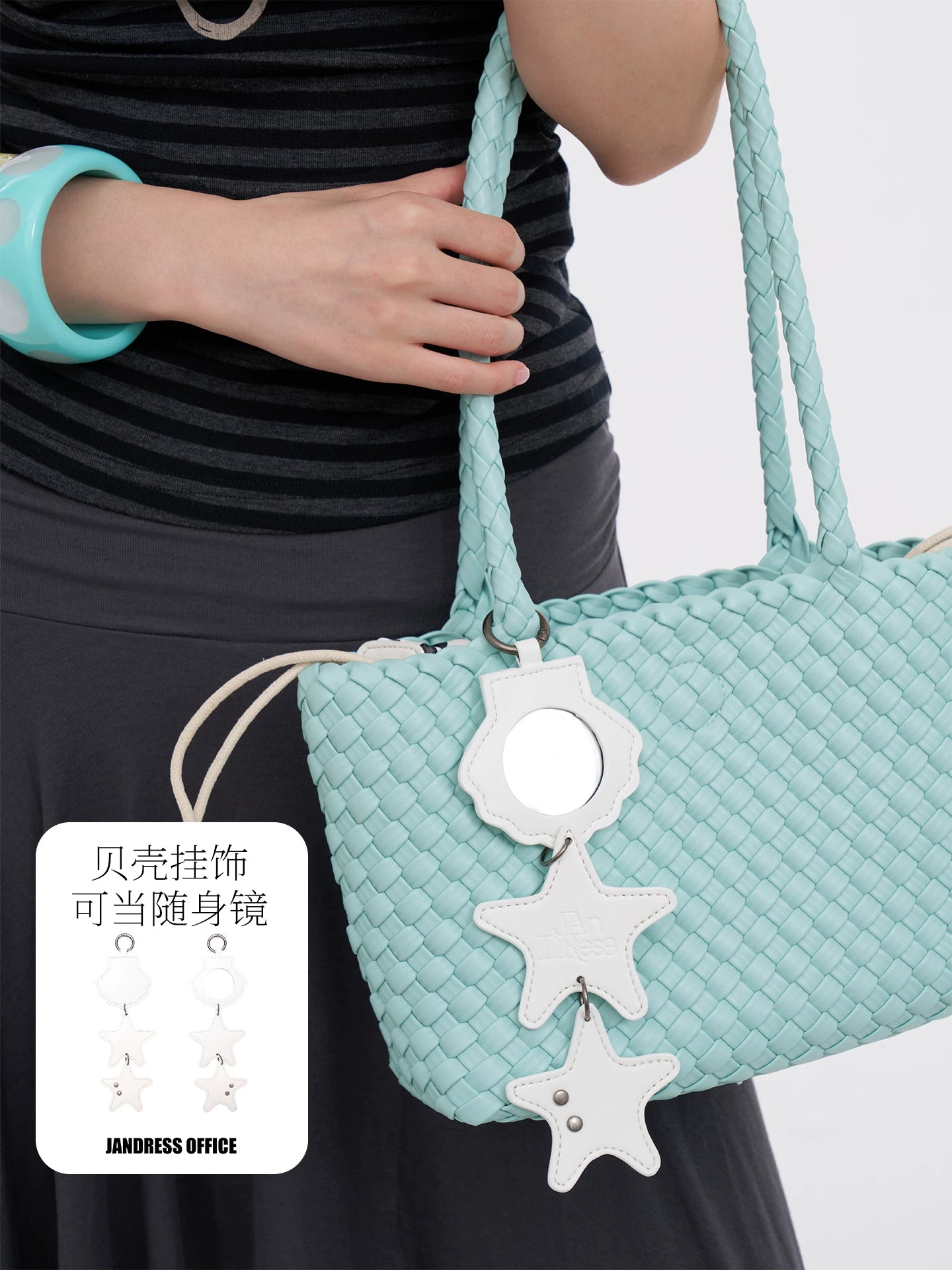 JANDRESS Mint Green Woven Polka Dot Underarm Bag