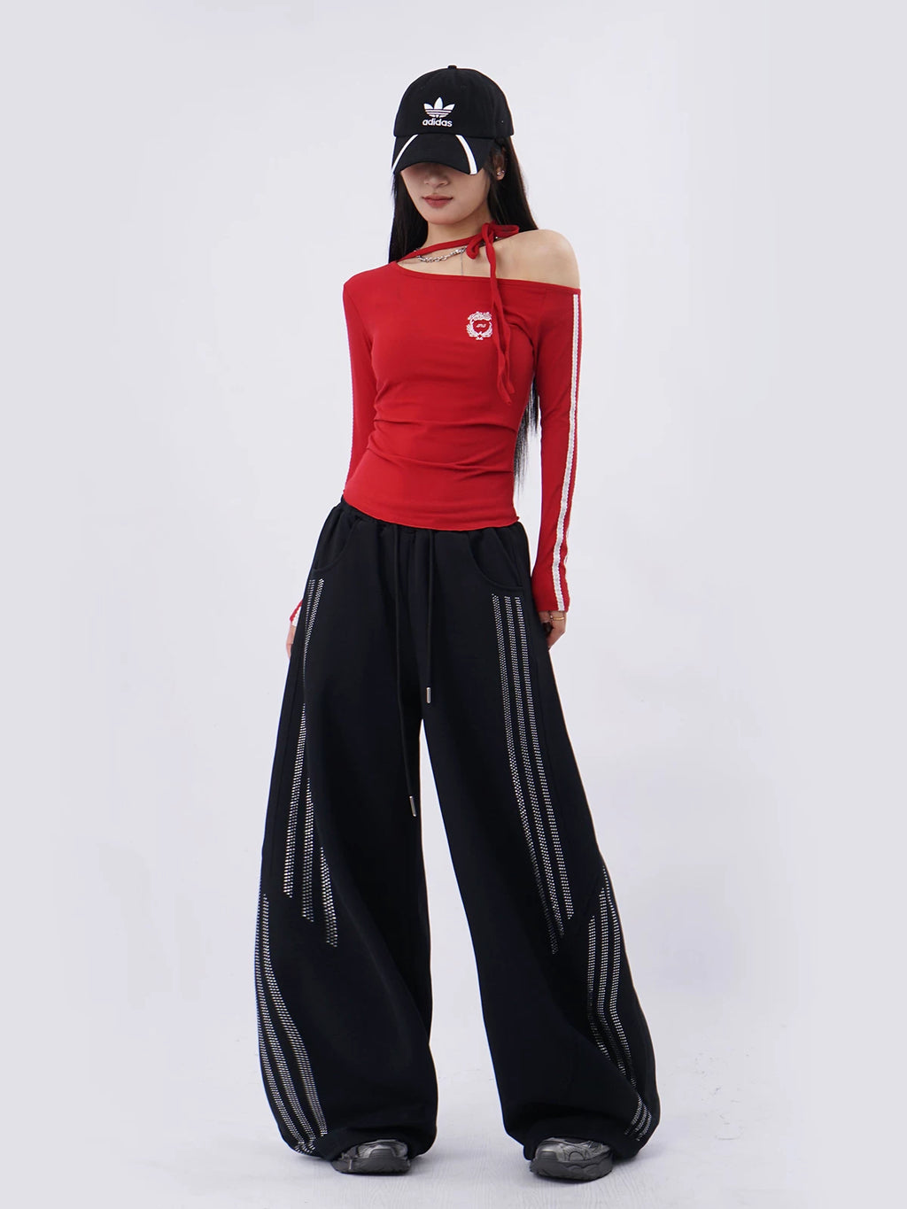 SAMUSAN Slanted Shoulder Striped Strap Long Sleeve