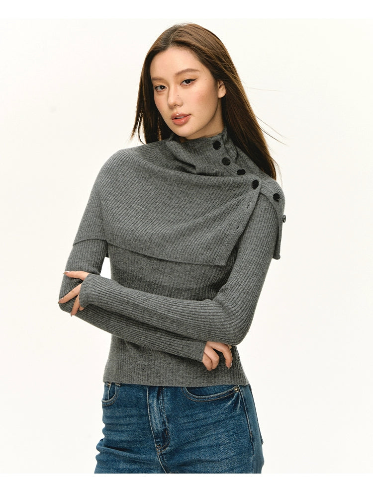 Anna Aneae Pullover High Neck Removable Shawl Bottom Long Sleeve
