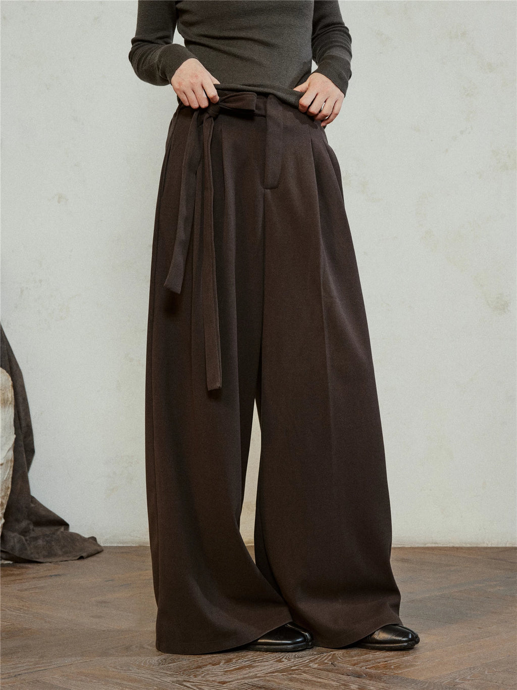 SUNYVONNE Minimalist Lazy Style Lace-Up Wide Leg Pants