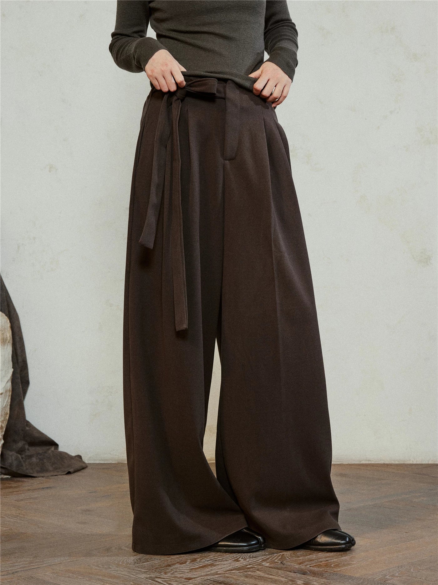 SUNYVONNE Minimalist Lazy Style Lace-Up Wide Leg Pants