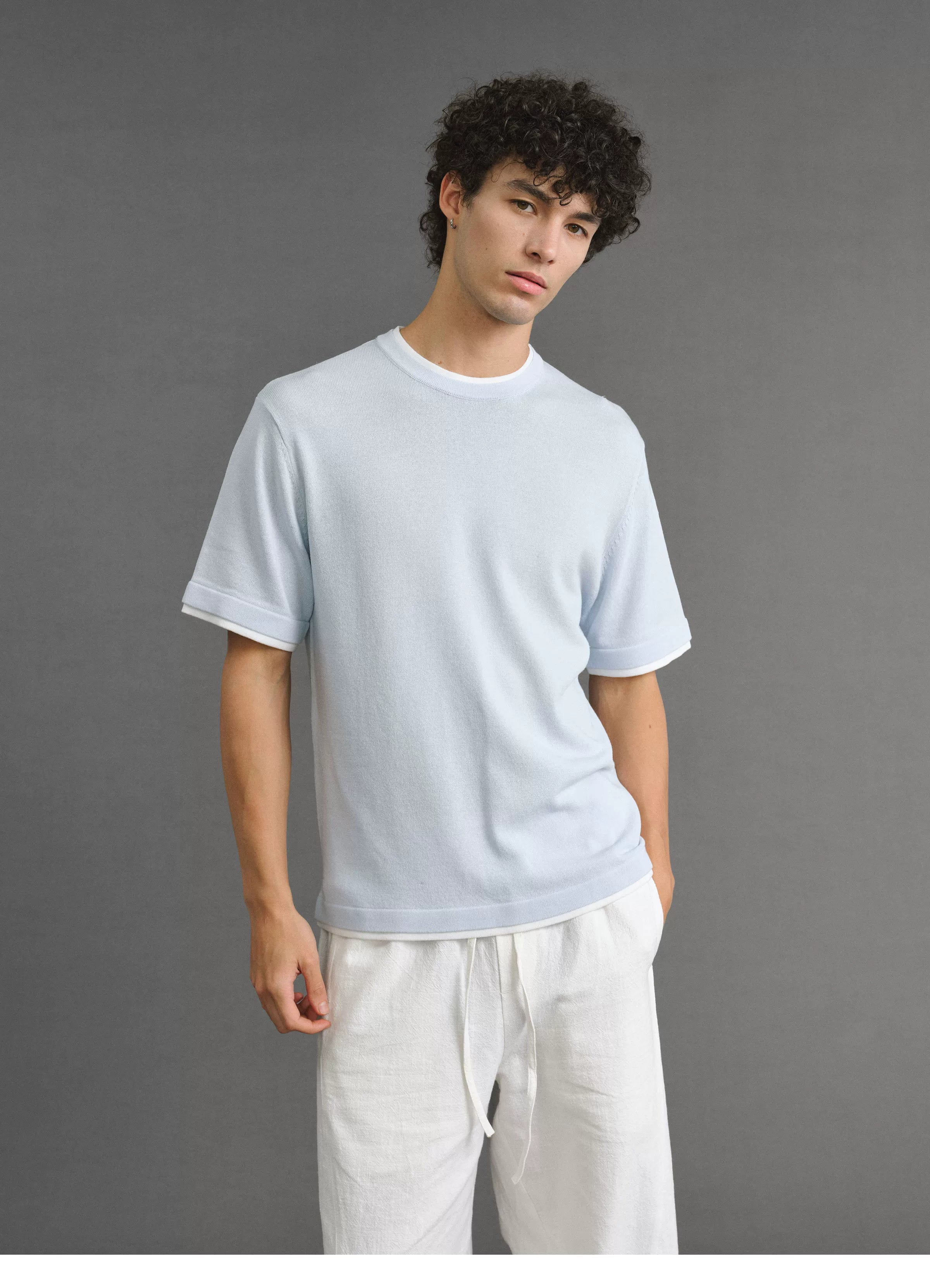 VLABMADE Linen-Blend Relaxed Fit Contrast Hem Short Sleeve Tee