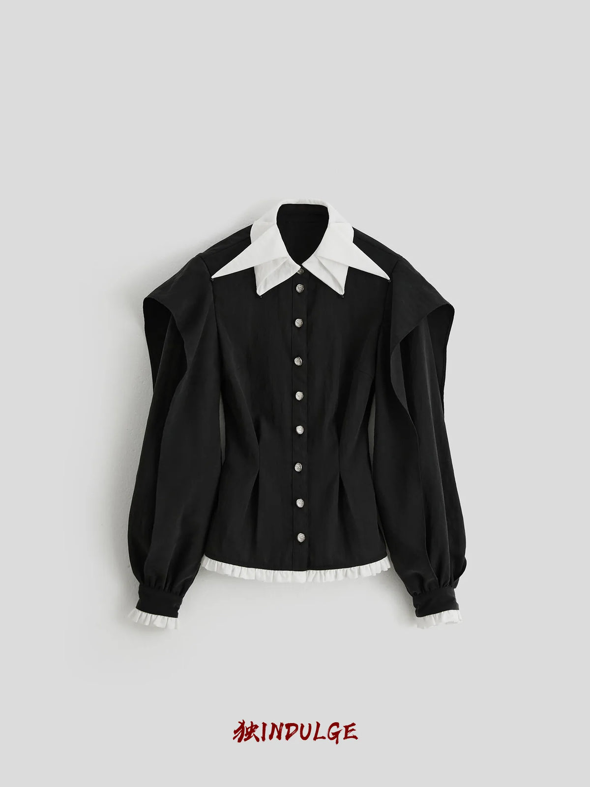 INDULGE Ruffled Puff-Sleeve Pointed-Collar Shirt